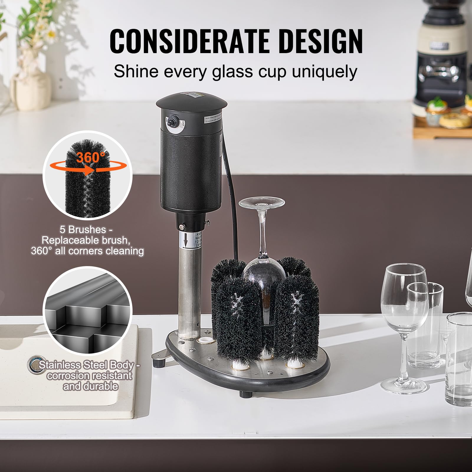 VEVOR Lavadora de Vasos Eléctrica Comercial Limpiador de Vasos con Barra de 5 Cepillos Máquina de Limpieza de Copas de Vino 1200 tazas/hora Lavadora para Copas de Champán para Bares Cafeterías