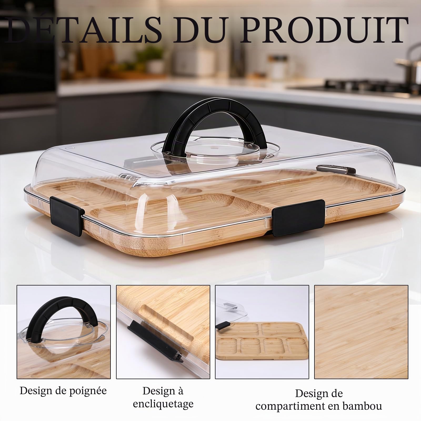 Planche à charcuterie avec couvercle – Planche à goûter portable avec 6 compartiments et couvercle transparent – Planche à fromage réversible pour pique-nique, fête et cuisine – Planche de service