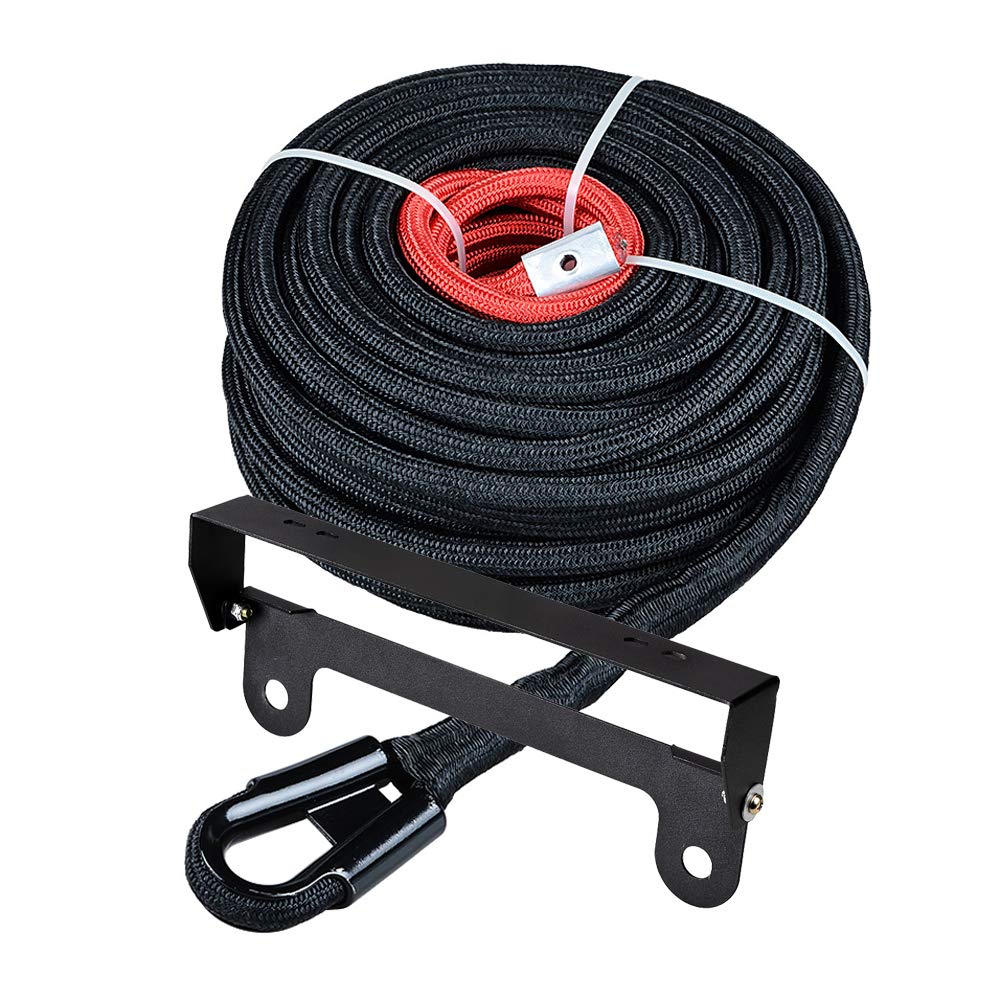amopacorp Black 85 feet x 3/8 inch 20,500LBs Synthetic Winch Rope Rock Heat Guard and Stainless Steel Flip-Up Hawse Roller Fairlead Mounted License Plate Holder