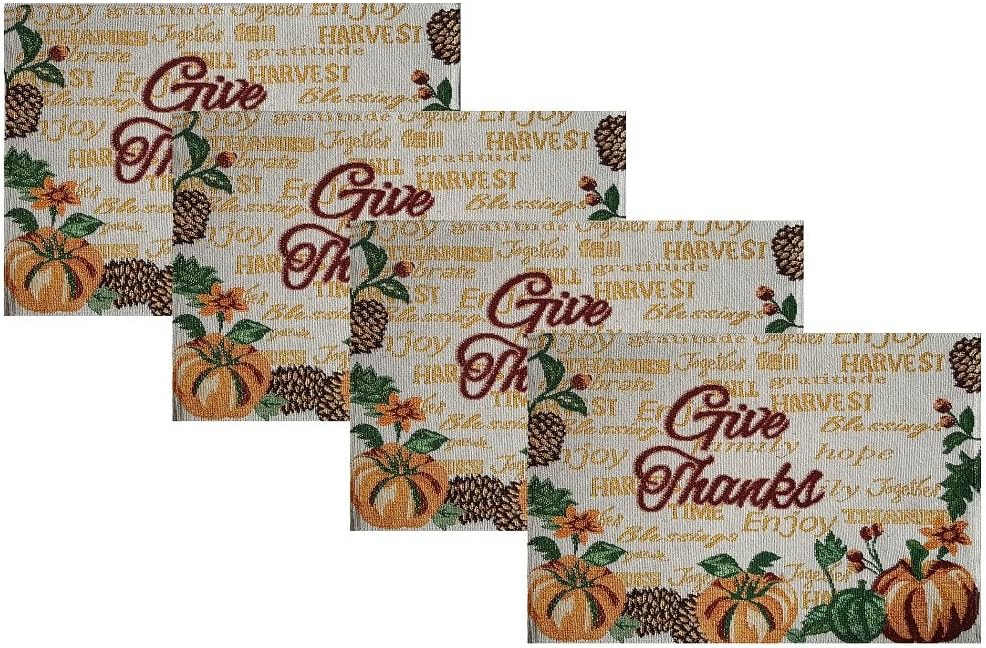 Fall Decorations - "Give Thanks" with Pumpkins and Pine Cones with Gold Accents Placemats for Fall and Thanksgiving - Set of 4