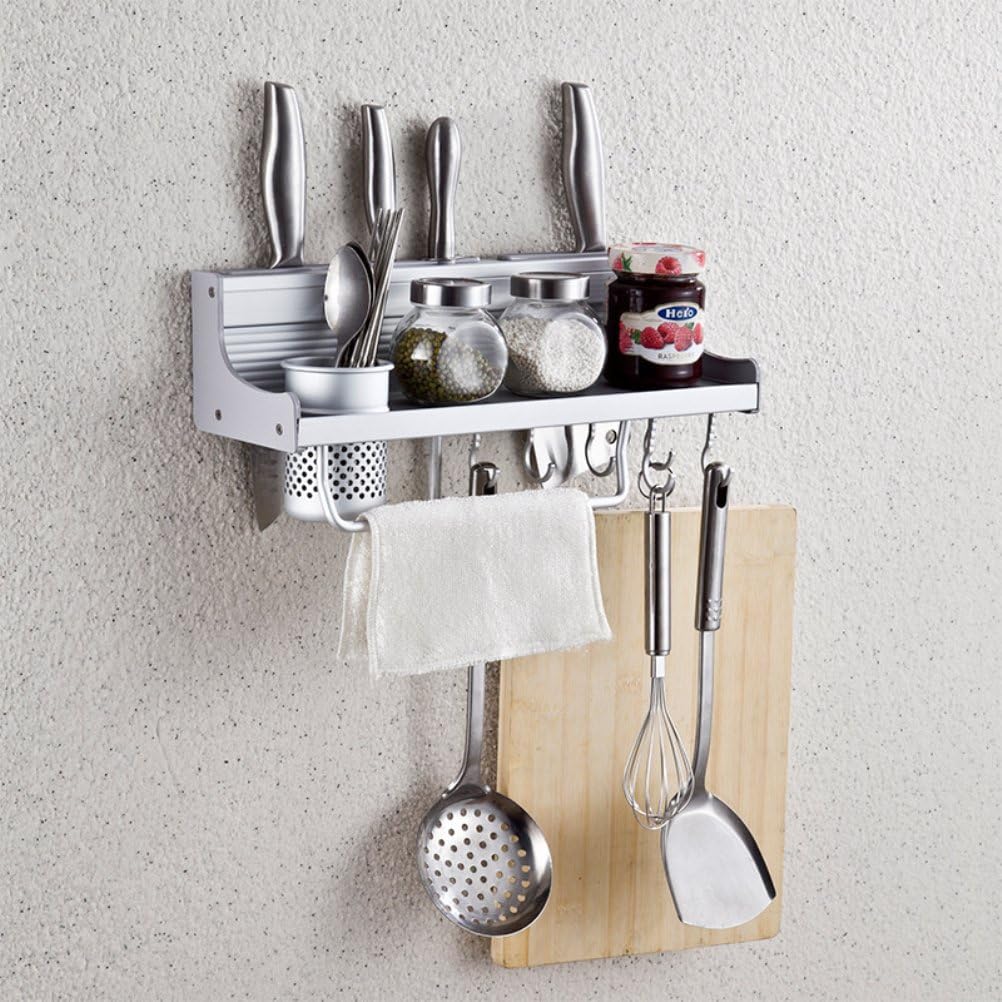Wall Mounted Kitchen Spice Rack w/ Utensil / Pot / Pan Hanger Hooks, Silverware Caddy, Knife Slots (40cm-1 cup)