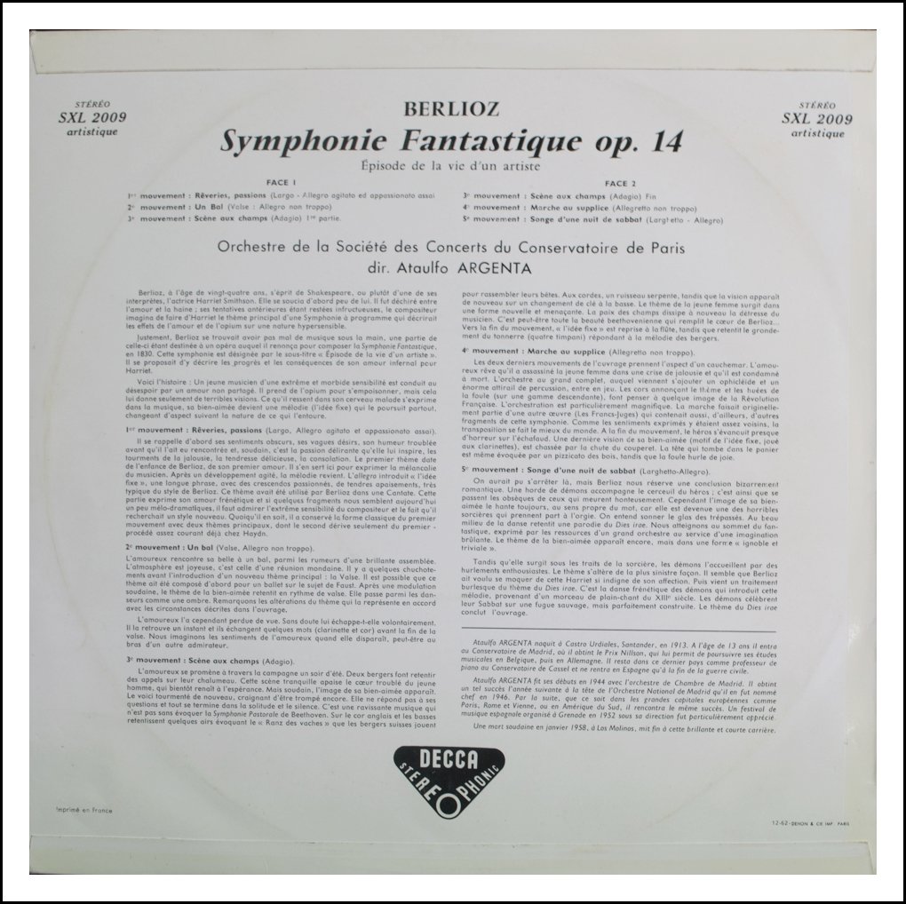 Symphonie Fantastique Op. 14 - Berlioz Paris Conservatoire Orchestra* / Argenta* LP