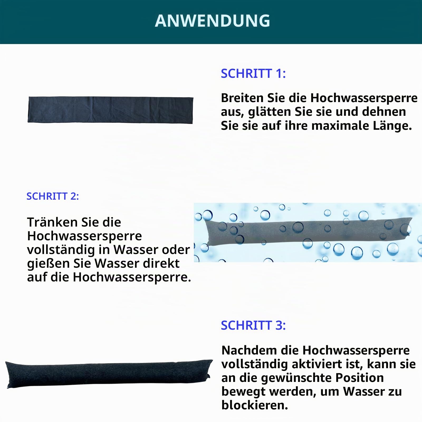 Wasseraktivierte Flutbarrieren für Haustür, wiederverwendbar, saugfähig, für Garage und Keller, 150 cm, 4 Stück
