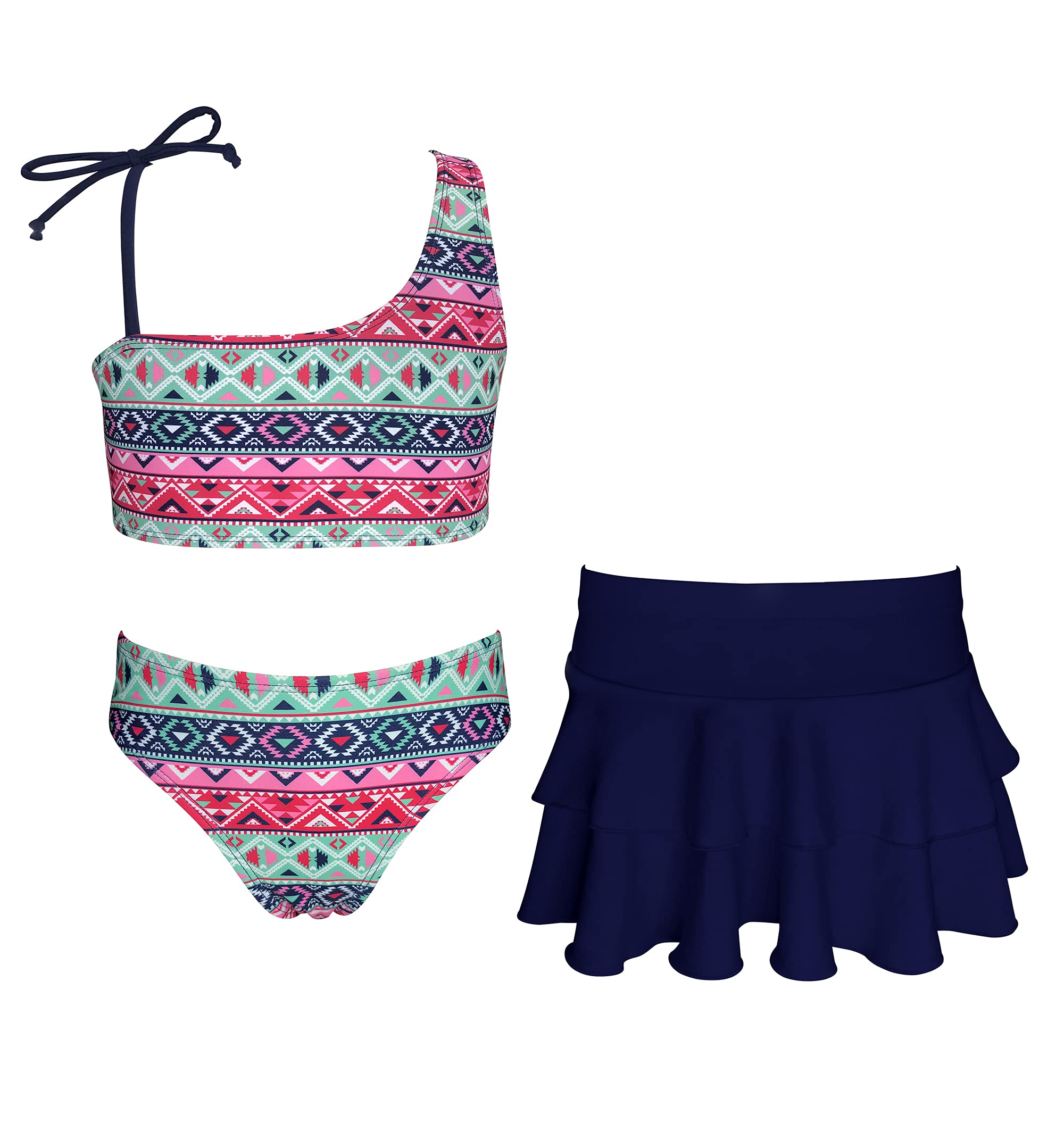 SHEKINI Trajes de Baño de Tres Piezas para Niñas con Falda Deportivo Ajustable Tankini Set con Triángulo Bikini Bottom Bañadores Traje de Baño de Playa para 6-14 Años