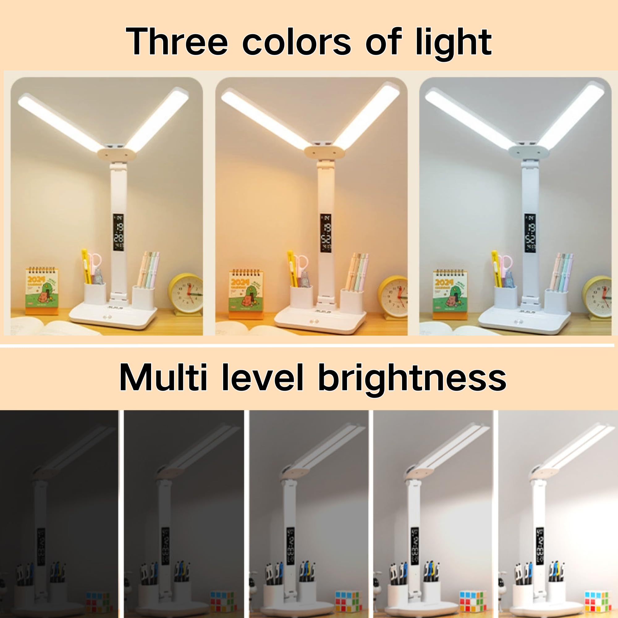 SUQ LED Desk Lamp, Dual Swing-Arm Table Lamp with 3 Color Modes, Double Head Desk Lamp with Clock Date and Pen case - Image 4