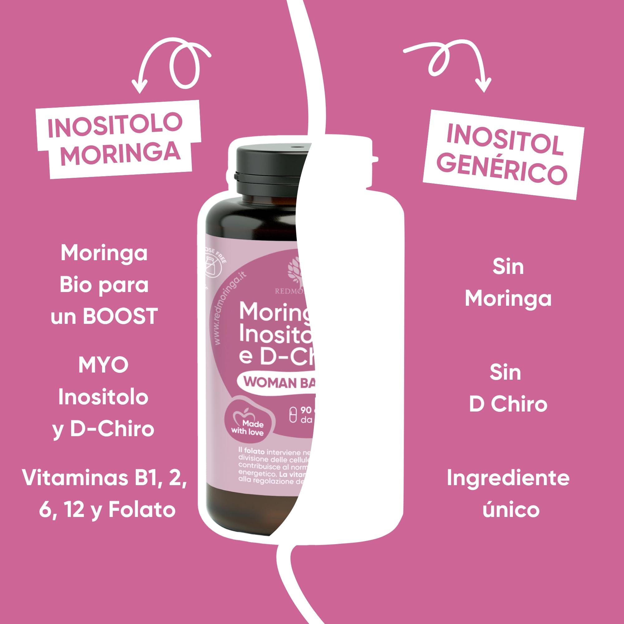Myo-Inositol + D-Chiro Inositol | Vitaminas B12, B6, D, Ácido Fólico y Moringa Bio | Complemento Woman Balance PCOS (Síndrome de Ovario Poliquístico) | Regularidad Menstrual | 270 Cápsulas RedMoringa