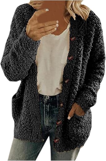 Fleece Jacket Women Button up Fuzzy Long Sleeve Warm Teddy Coats Solid Color Sherpa Jackets Fall Winter Outerwear