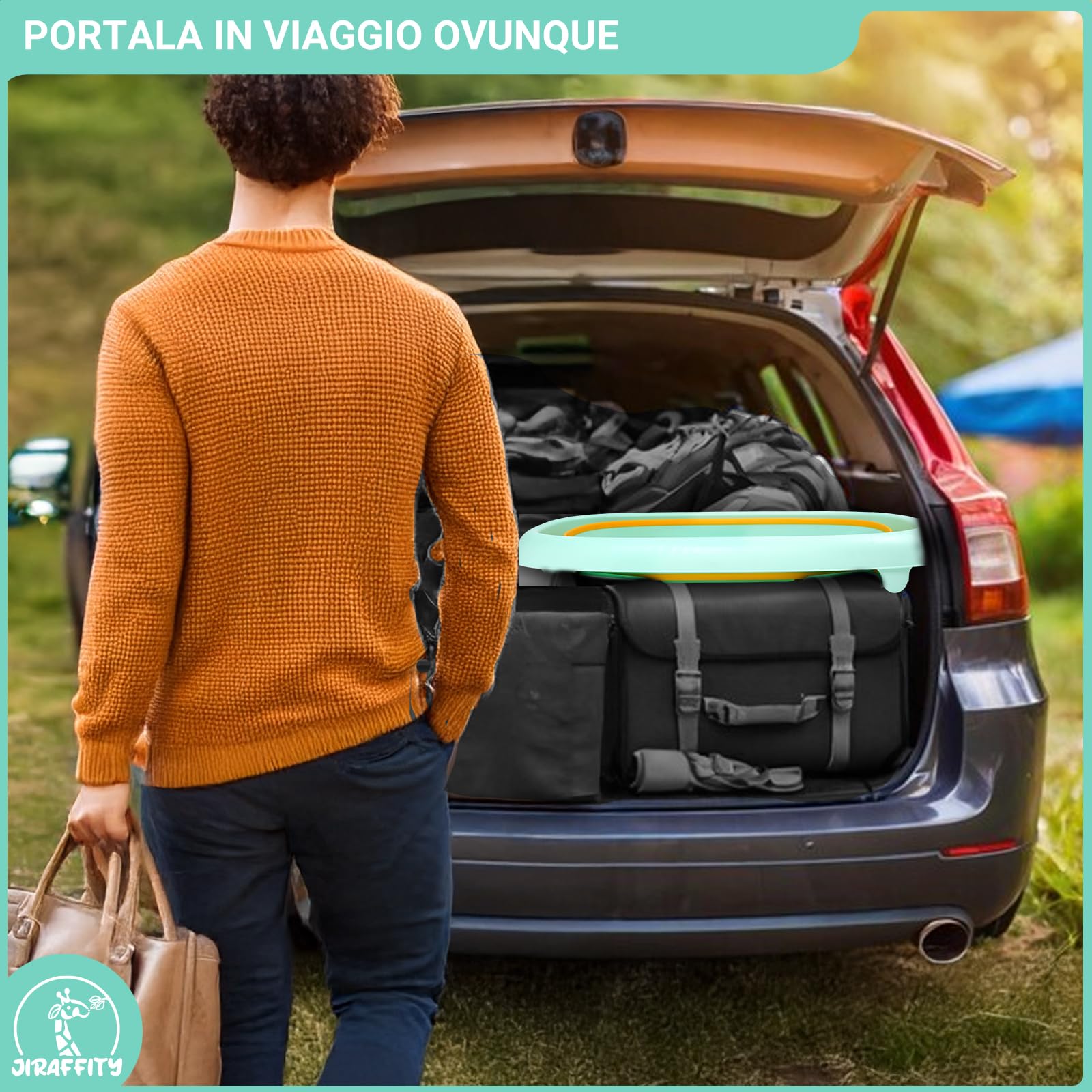 Vaschetta bagnetto neonato pieghevole con supporto – vasca pieghevole per neonati 0–3 anni con cuscino ergonomico, tappo termosensibile e accessori – facile da trasportare e riporre