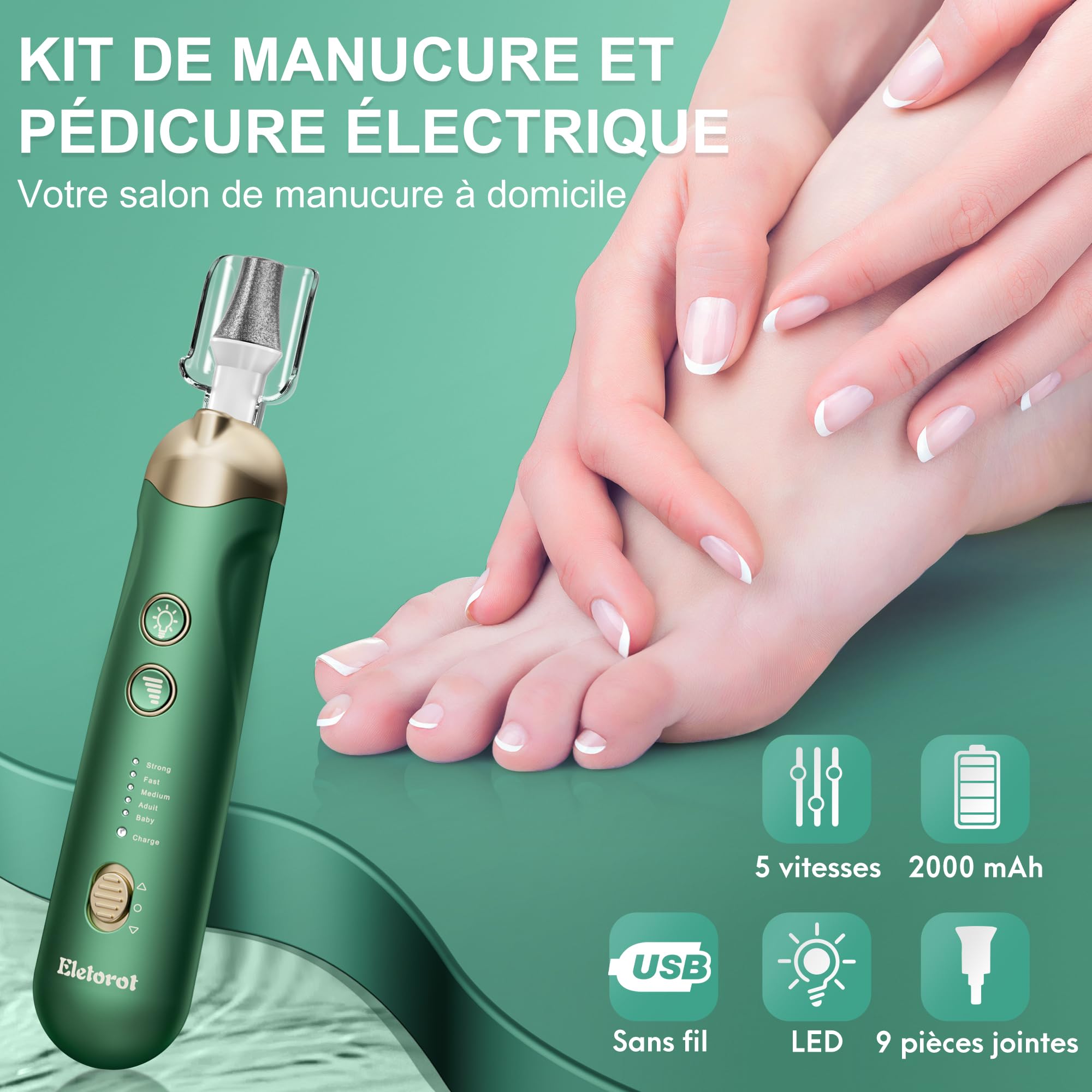 Kit Manucure Pedicure: Eletorot Ponceuse pour Ongles avec 8 Embouts, Limes a Ongles Professionnelle pour Anti Callosités, Set de Manucure Pedicure Electrique pour Le Soin Mains et Pieds
