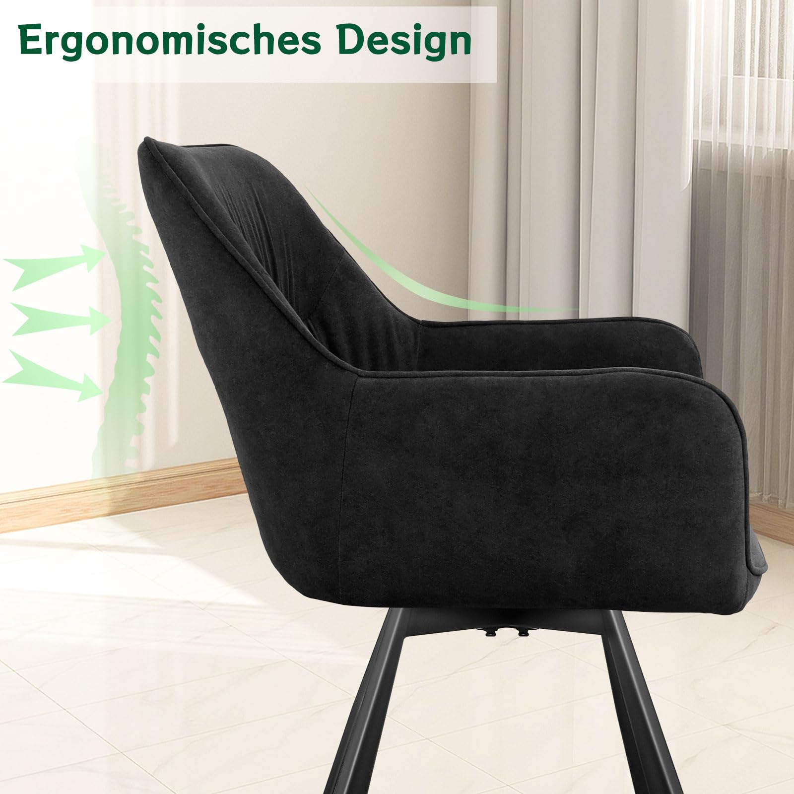 WAFTING Esszimmerstuhl 4er Set drehbar, Armlehnstuhl drehbar 360°,Moderner Polsterstuhl Stuhl Samt, Stühle für Esszimmer,Küchenstuhl für Wohnzimmer, Arbeitszimmer,Schlafzimmer,Schwarz | Mit Armlehnen, Samt, gepolstert, mit Rückenlehne, auch für Wohnzimmer