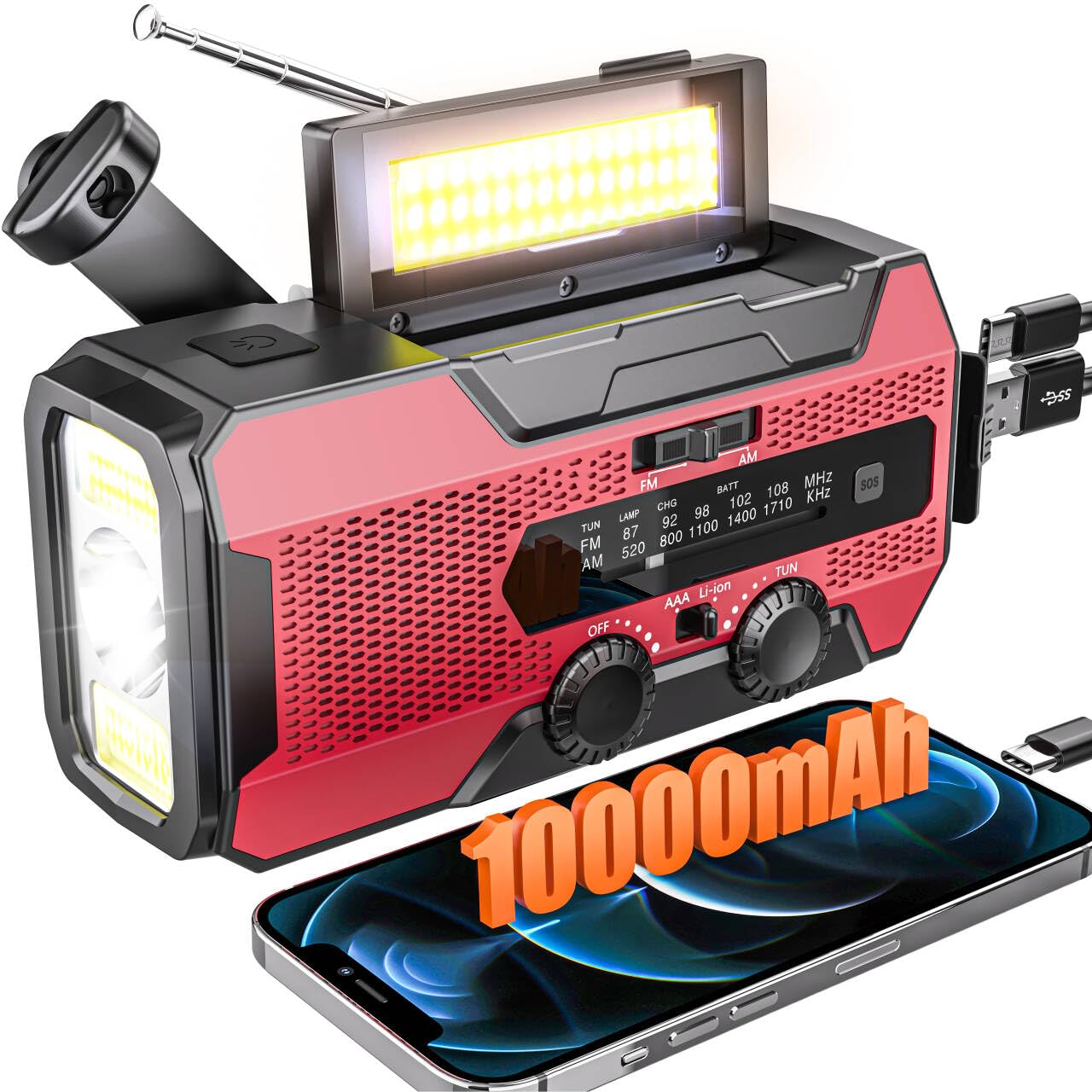 SOLARBABY Radio Solar de Emergencia, Radio de Manivela con Linterna LED, Luz de Lectura, Am/FM Radio Portatil 10000 mAh con Alarma SOS, USB para Exteriores Supervivencia Camping, Rojo