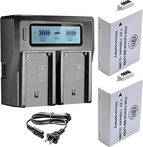 BM Premium Paquete de 2 baterías LP-E8, LPE8 de alta capacidad y cargador de batería LCD de doble bahía para cámaras digitales Canon EOS Rebel T2i,