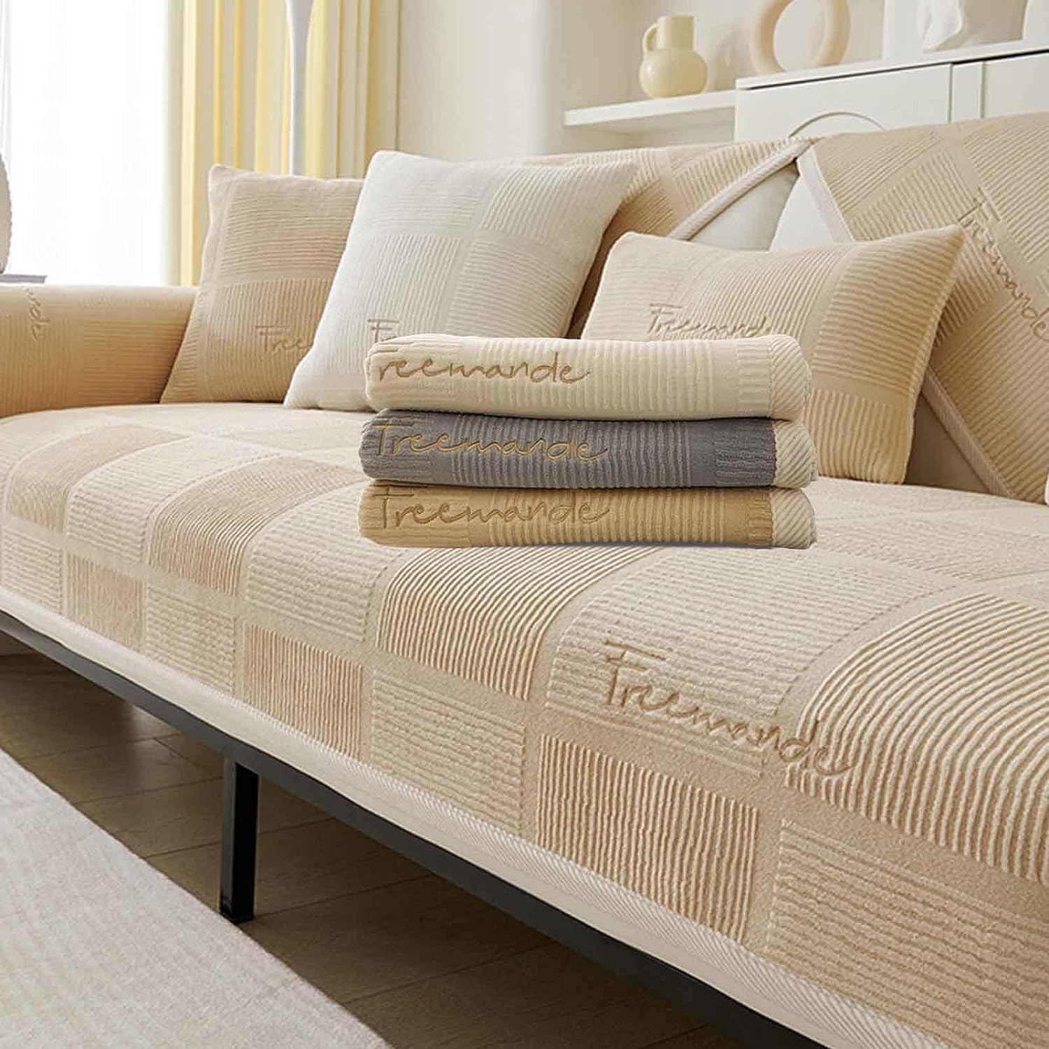 LINGKY Sofa Covers 1/2/3/4 Seater Corner Sofa Covers L Shape Velvet Thick Sofa Protector Non-Slip Sofa Slipcovers for Both Left/Right Chaise Sectional Couch (Khaki,110x210cm/Rectangular)