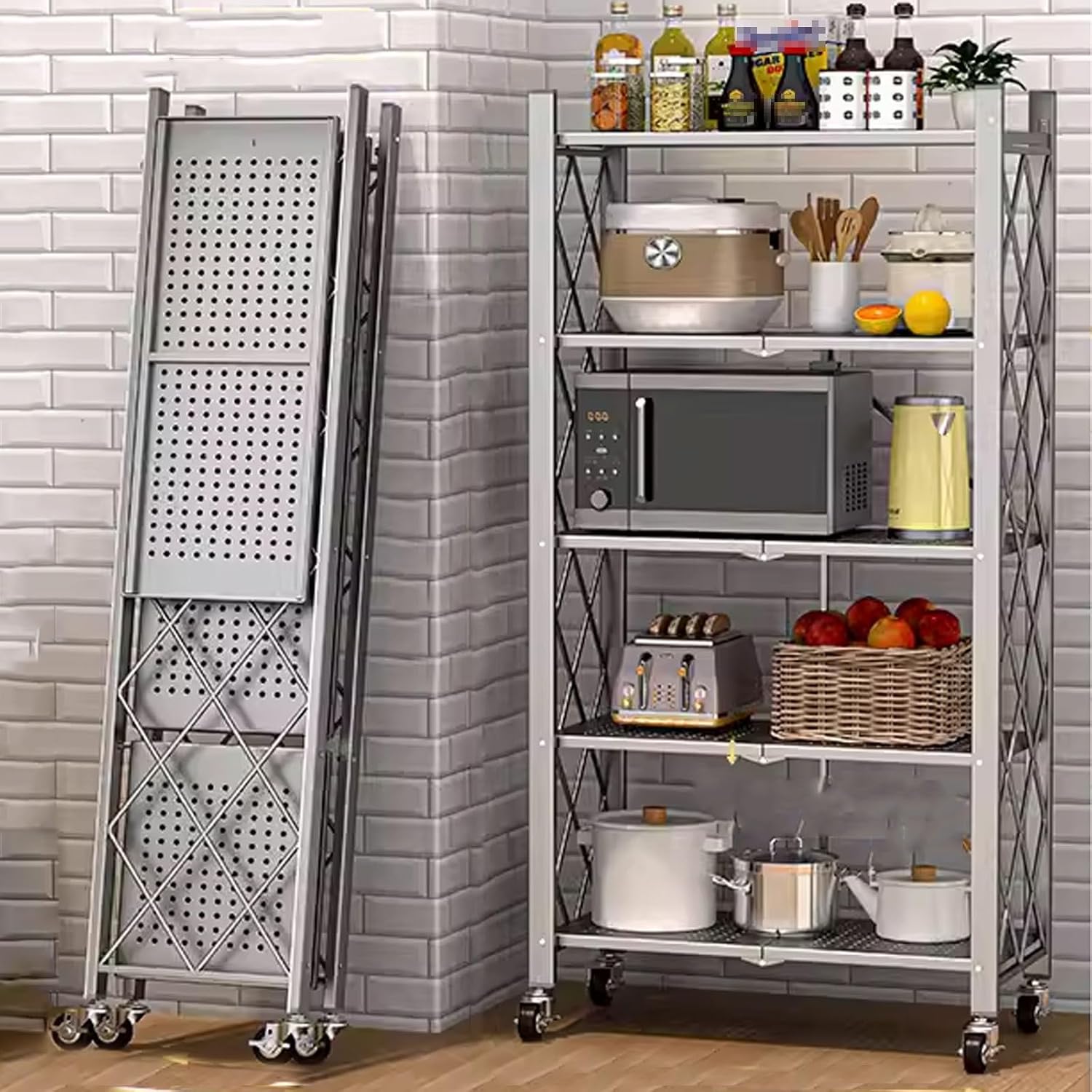 Freestanding Multi-Layer Kitchen Floor Cupboard，Microwave Storage Stand,Microwave Stand with Storage Cabinet Made of Carbon Steel Kitchen Baker‘s Rack with Storage Open Operator Console with