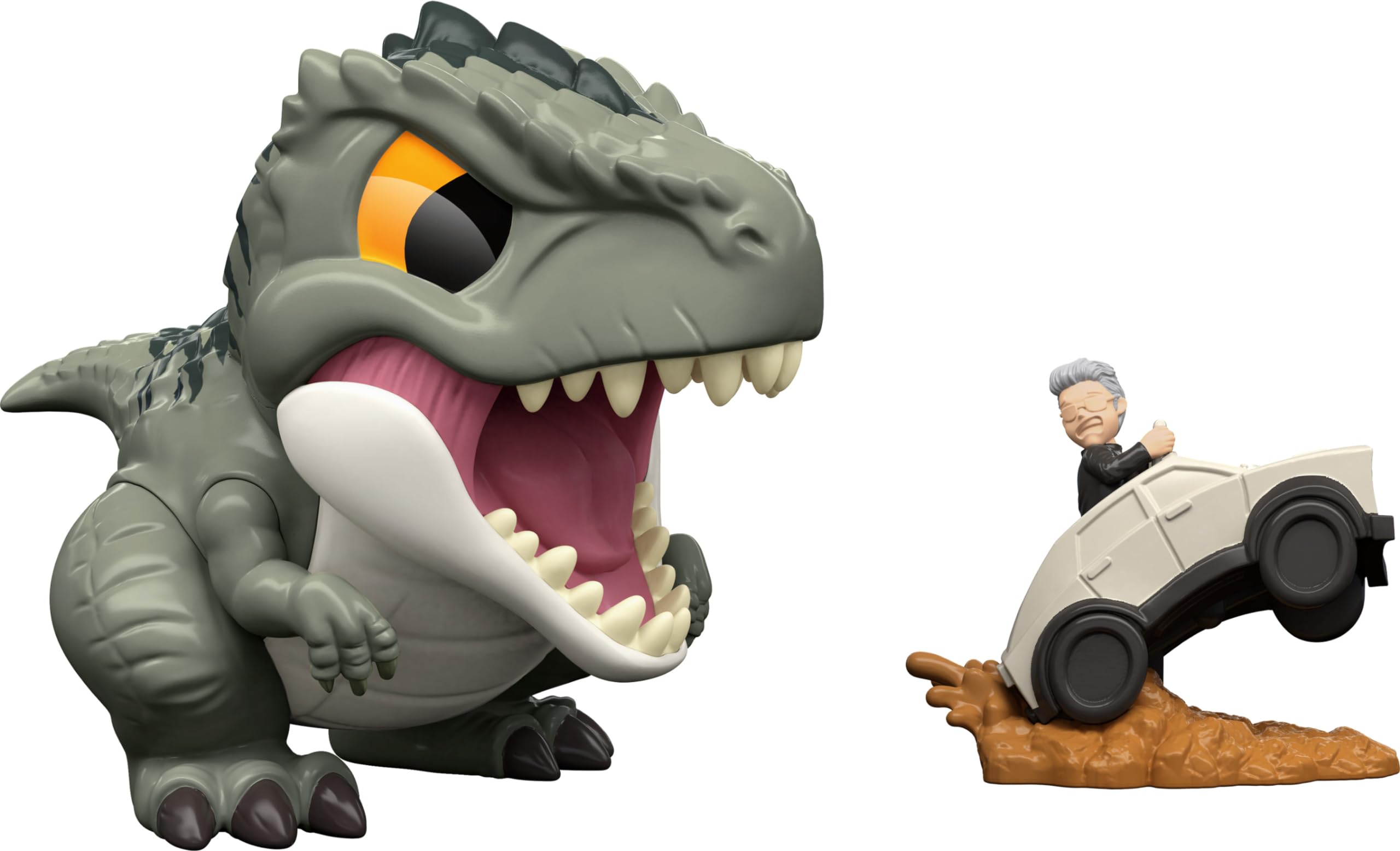 Mattel Jurassic World Bite Club Giganotosaurus Figure with Malcolm in Car Accessory, Chubby Stylized Dinosaur Toy, Dominion Movie Scene Collectible