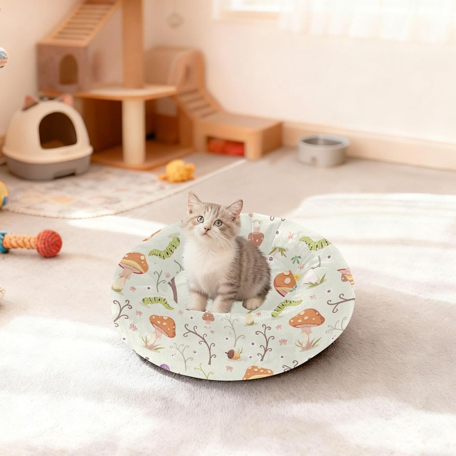 Wudan Pet Cat Bed Donut Cuddler Fluffy Dog Pillow Bed for Medium Size Pets Sleeping M Mushroom Pattern
