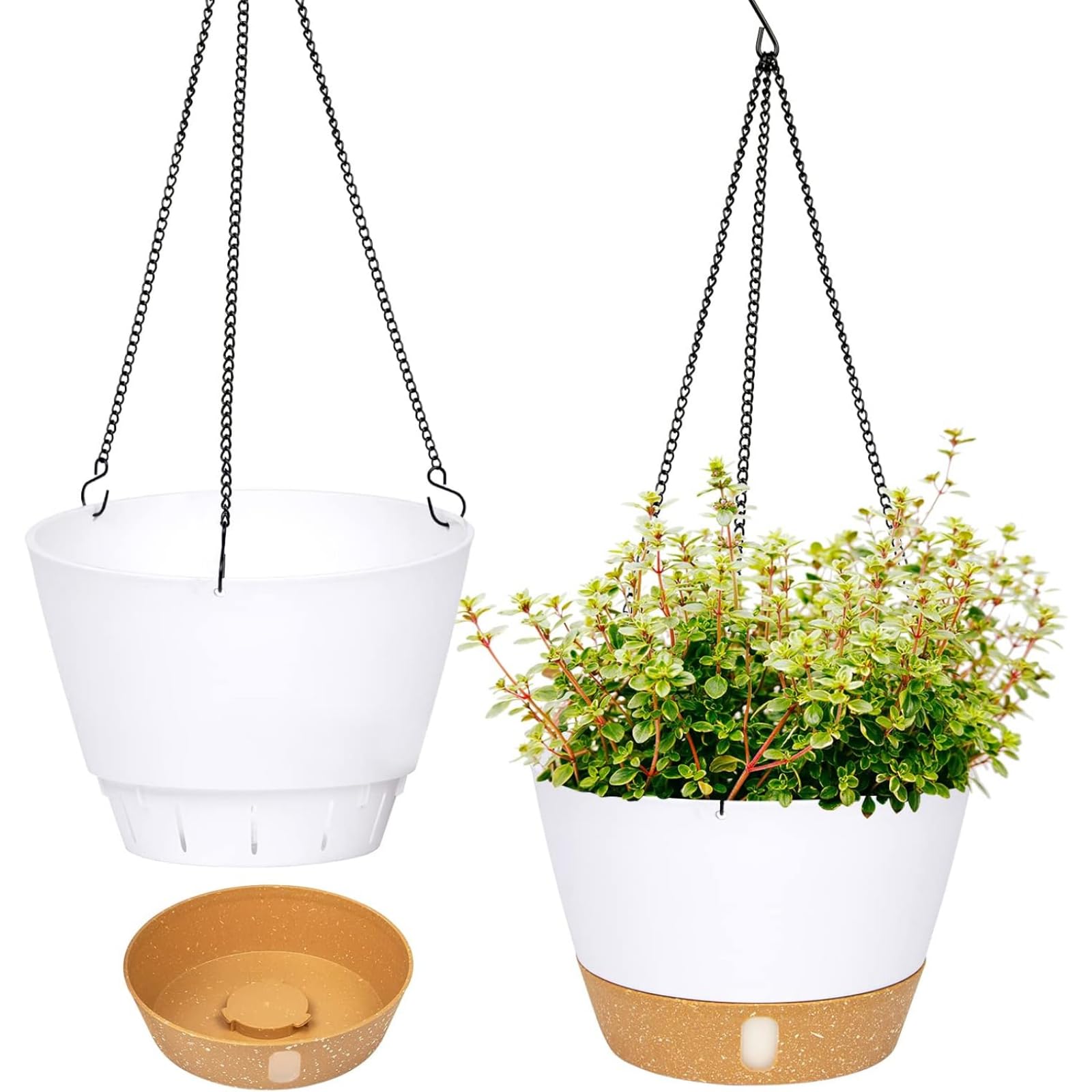 QCQHDU Hanging Planters for Indoor Plants, Self Watering Pot with Drainage Holes & Removable Tray, Outdoor Hanging Flower Pots Set of 2 (White, 10 inch)