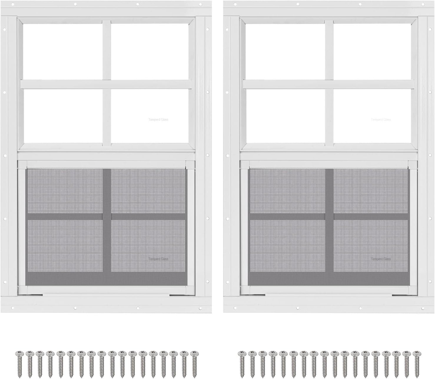 2 Pack 12" x 18" White Shed Window with Tempered Glass and Fiberglass Screen Household Sliding Windows with Screws for Shed, Chicken Coop, Playhouse, Garage and Barns 12'' x 18'' White