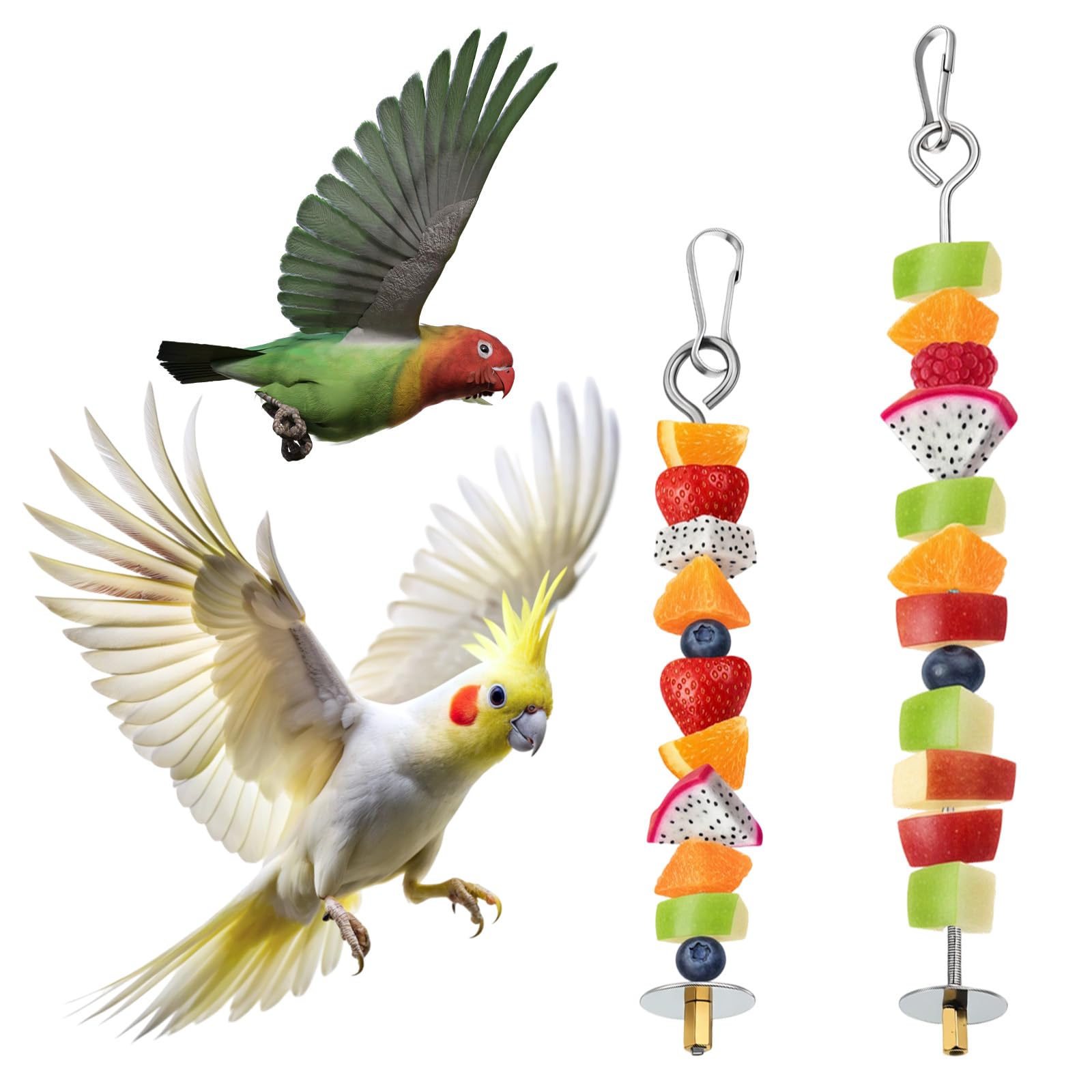 2PCS Bird Cage Food Holder with Hook, Parrot Fruit Vegetable Skewer, Stainless Steel Bird Feeder for Cages, Hanging Foraging Toy, Birds Cage Feeder Foraging Toy for Macaw Parakeet Parrot Budgie