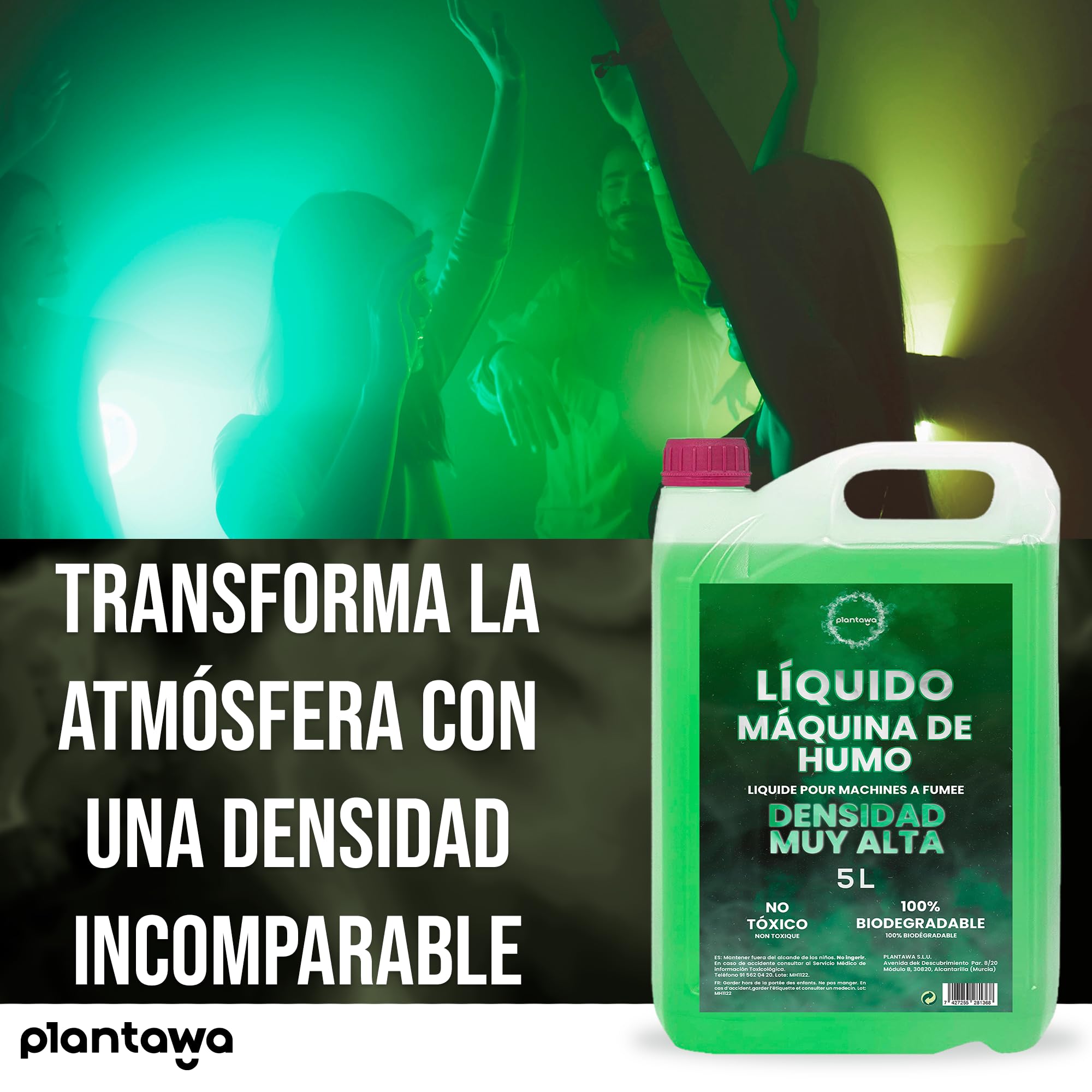 Plantawa Líquido Máquina de Humo Natural 5 Litros | Líquido Máquina Humo Muy Alta Densidad y Larga Duración, Aroma neutro, Seguro para Respiración, Fiestas, Eventos, Discoteca (5 Litros, Verde)