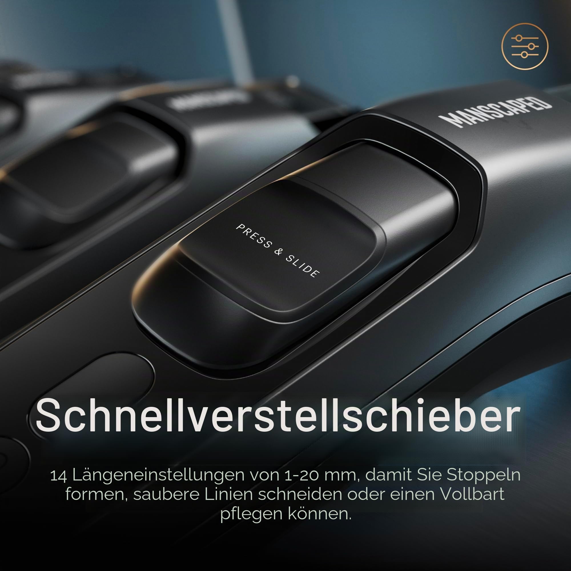 MANSCAPED® The Beard Hedger® Plus Verstellbarer Bart- & Schnurrbart-Trimmer für Herren mit 14 Längeneinstellungen (1–20 mm), Edelstahlklinge, wasserdicht, schnurlos, Reiseschloss, USB-C