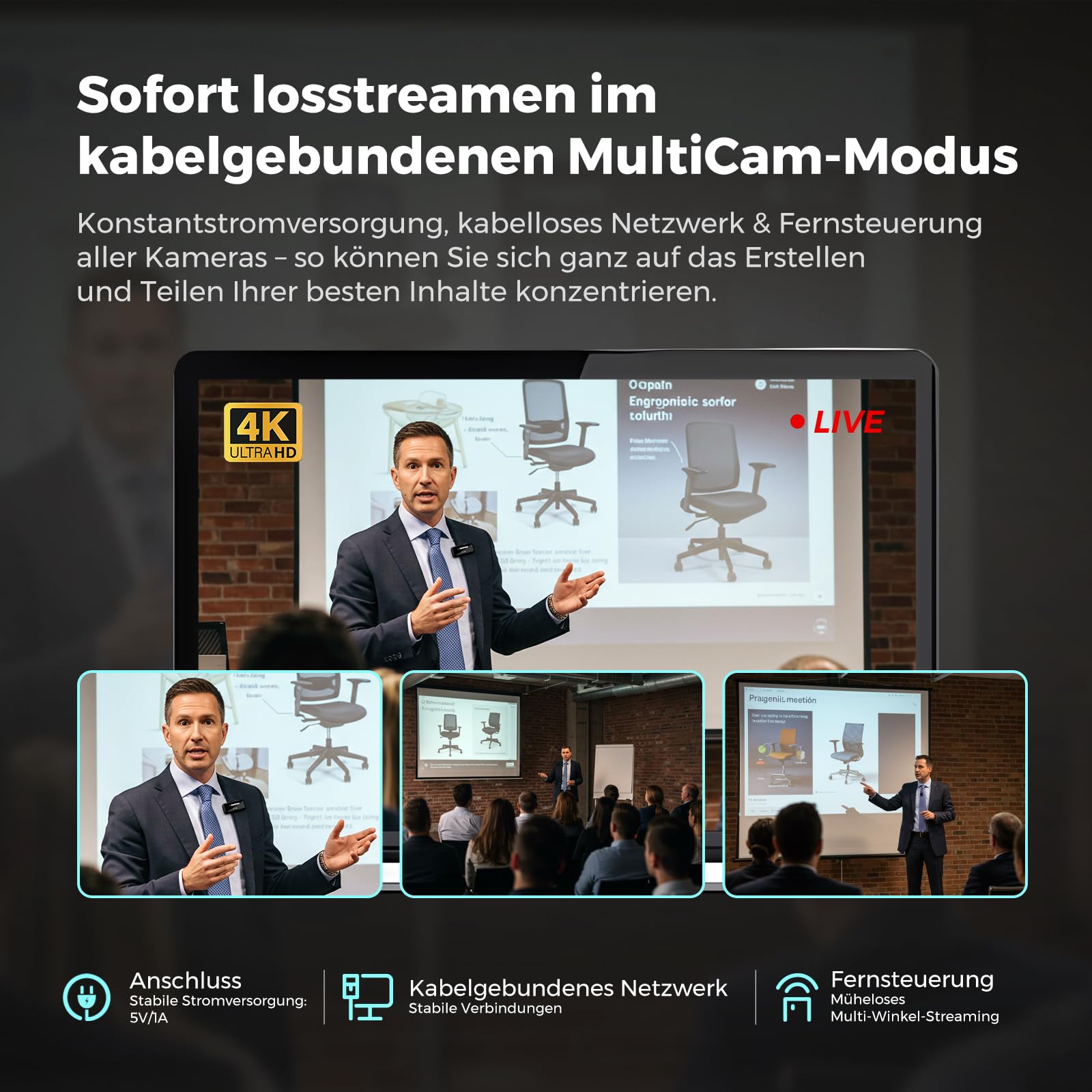 NearStream VM20 4K Streaming-Kamera mit Kabel und 40-fachem Hybridzoom