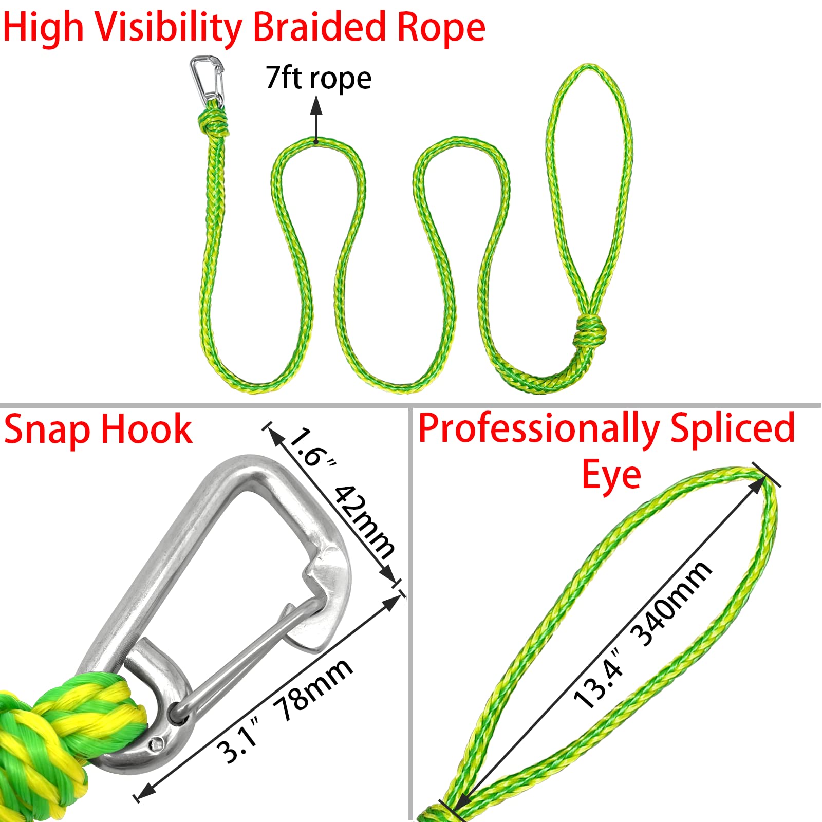 ISURE MARINE Kajak-Abschleppseil mit Clip-Dockleine, strapazierfähig, geflochtene Schnur, ideal für Jetski, Wasserfahrzeuge, Boote, Kajakfahren, Marine, Sets mit zwei Seilen, 1,27 cm Durchmesser x 2,1
