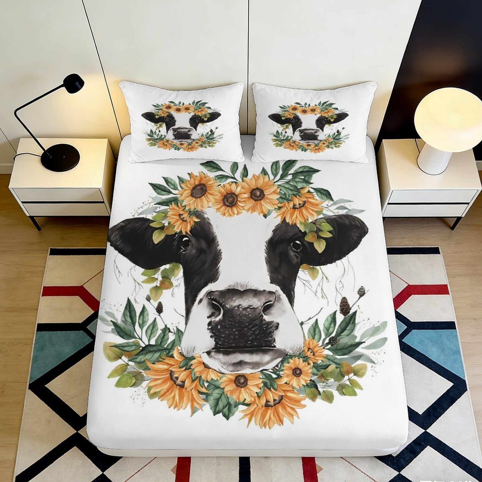 3D Printed Cow Floral Fitted Sheet Microfiber Soft Breathable Sunflower Bed Cover for Bedroom Dormitory Guest Room Mattress Protection Decor 120x200x25cm