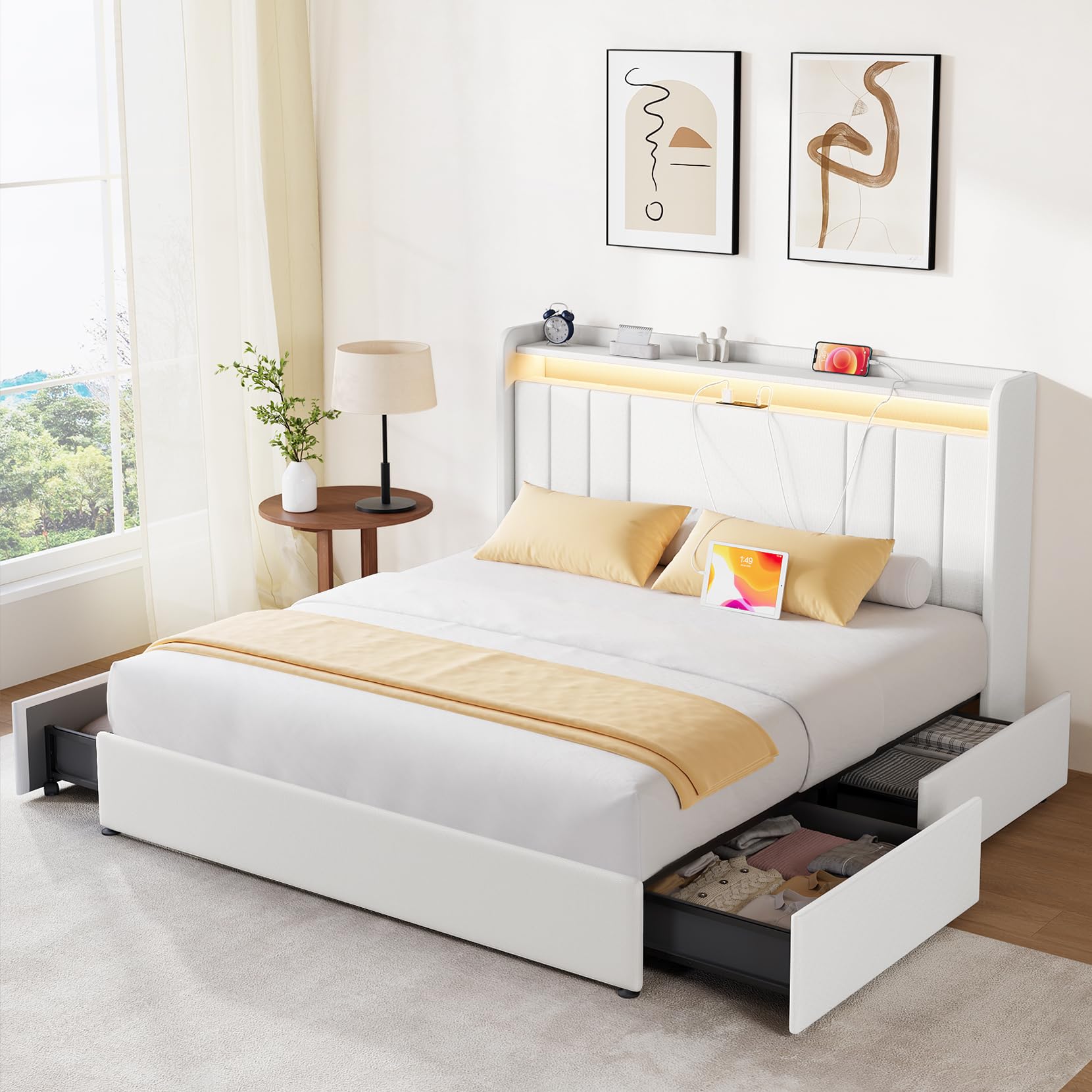 koorlian King Size Bed Frame with Storage 51 Tall Headboard Upholstered Platform Bed with 4 Dustproof Drawers 2-Tier
