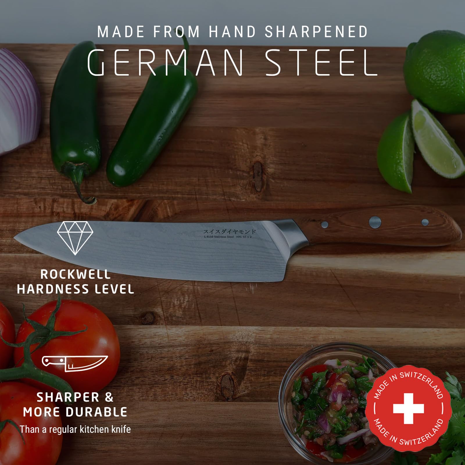 Swiss Diamond Chef Knife, German Steel with Carbonized Ash Wood, Full Tang Handle, Damascus Blade Chef Knives Professional Grade, 55+2 Rockwell Hardness, 8 Inch — Amazon image 5