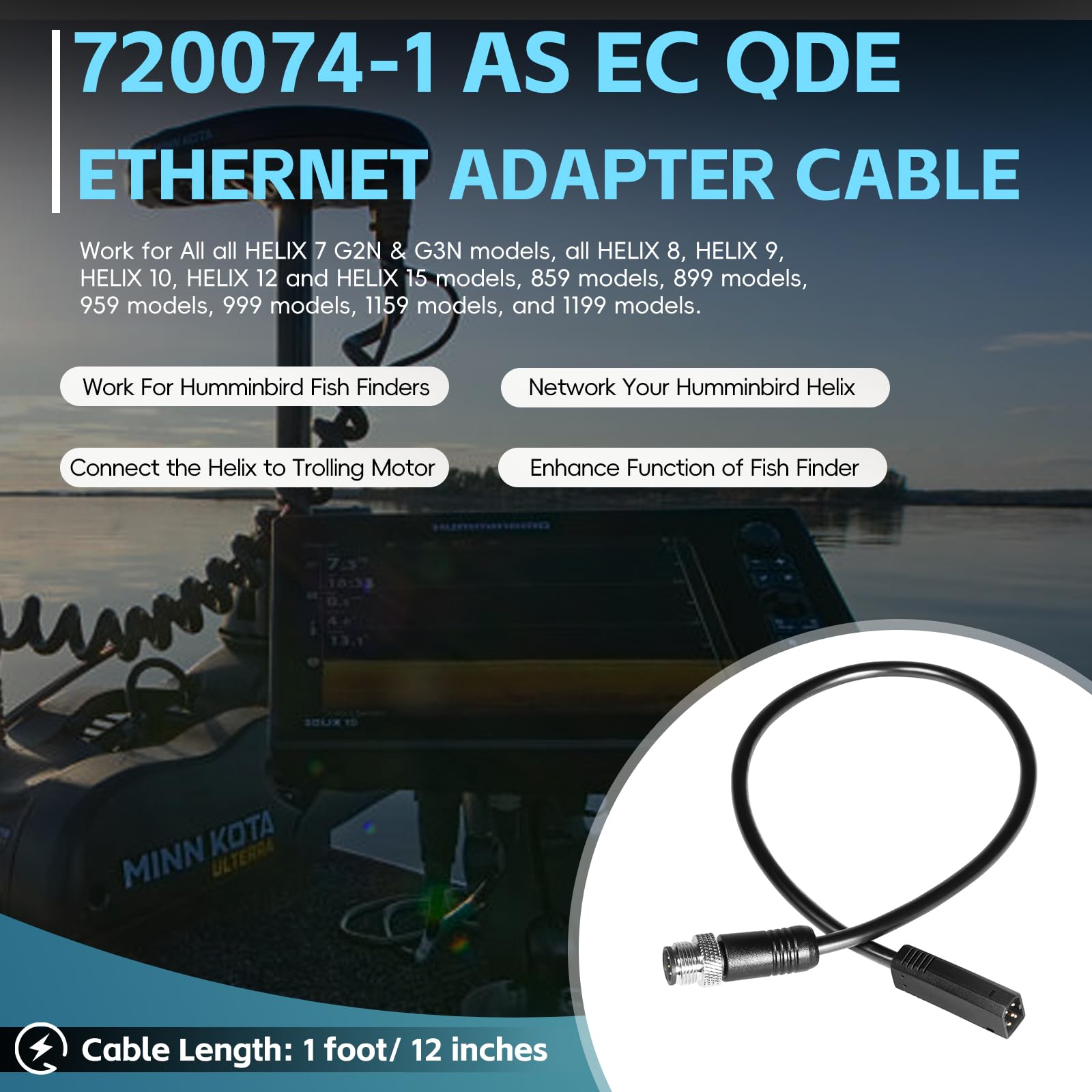 Sunluway 720074-1 AS EC QDE Ethernet Adapter Cable for Humminbird Fish Finders Helix 7, Helix 8, Helix 9, Helix 10, Helix 12, and Helix 15 Models, Length 12 inches