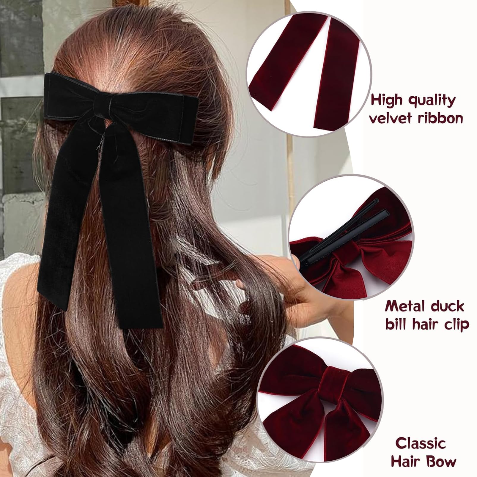 DMQ Black Hair Bows, 2Pcs Black Velvet Big Bows Hair Clips Set - Image 3