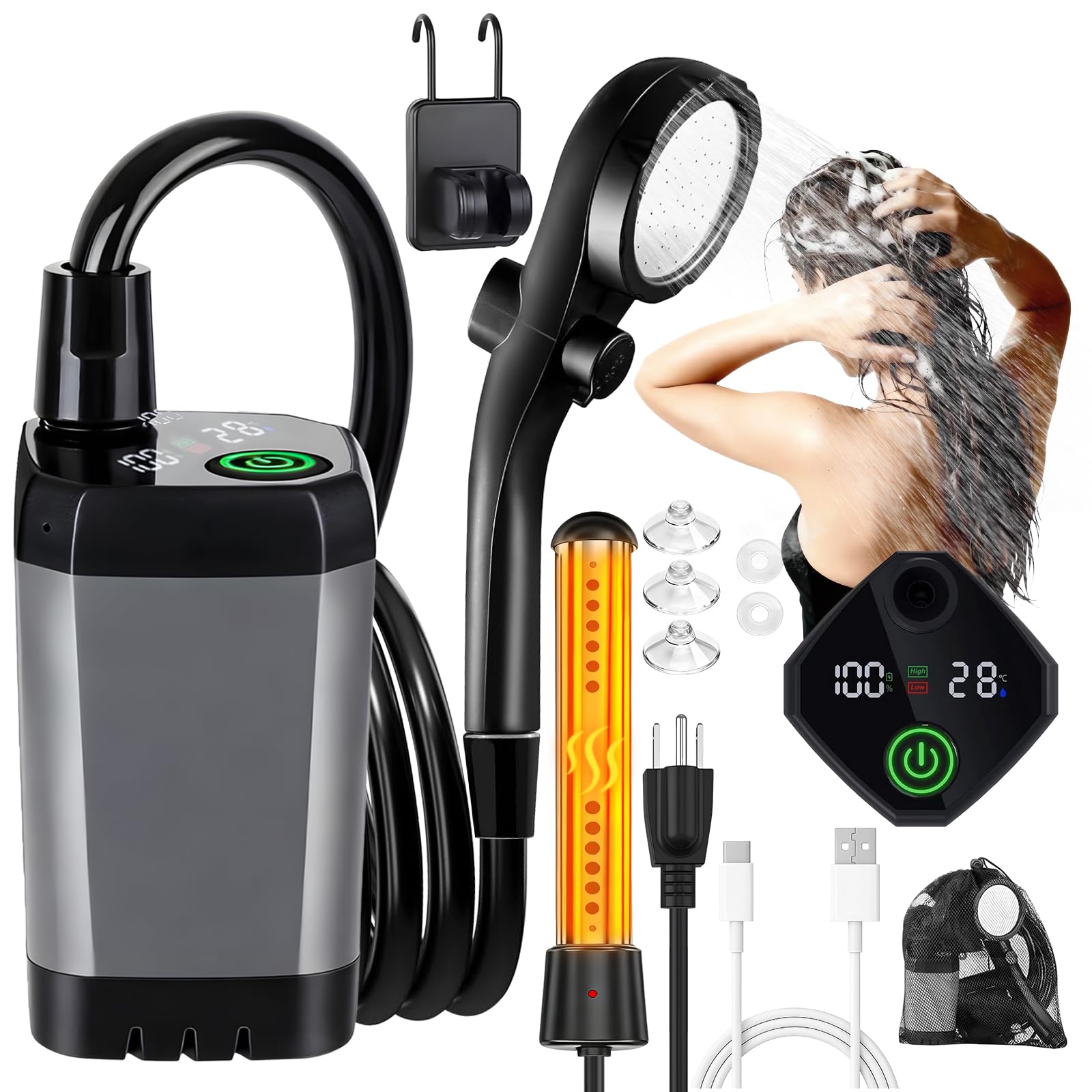 Douche de camping portable avec chauffage – Chauffage rapide 2000 W et batterie 6000 mAh