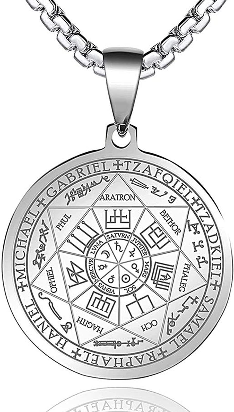 FLYUN Seven Archangels Pendant Necklace For Men Women Protection Amulet Archangel Michael Coin Pendant Necklace Gabriel Uriel Spiritual Stainless Steel Medal Necklace 24 inches