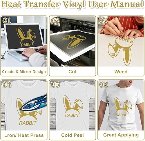 Miniatura 6 de Rollo de vinilo dorado de transferencia de calor, rollo de vinilo HTV dorado de 12 pulgadas x 24 pies para camisas, vinilo para planchar para Cricut