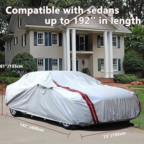 Miniatura 7 de Funda impermeable para automóvil para todo tipo de clima, para exteriores, para sedán, 6 capas gruesas para sol, lluvia, nieve, polvo, hojas caídas,