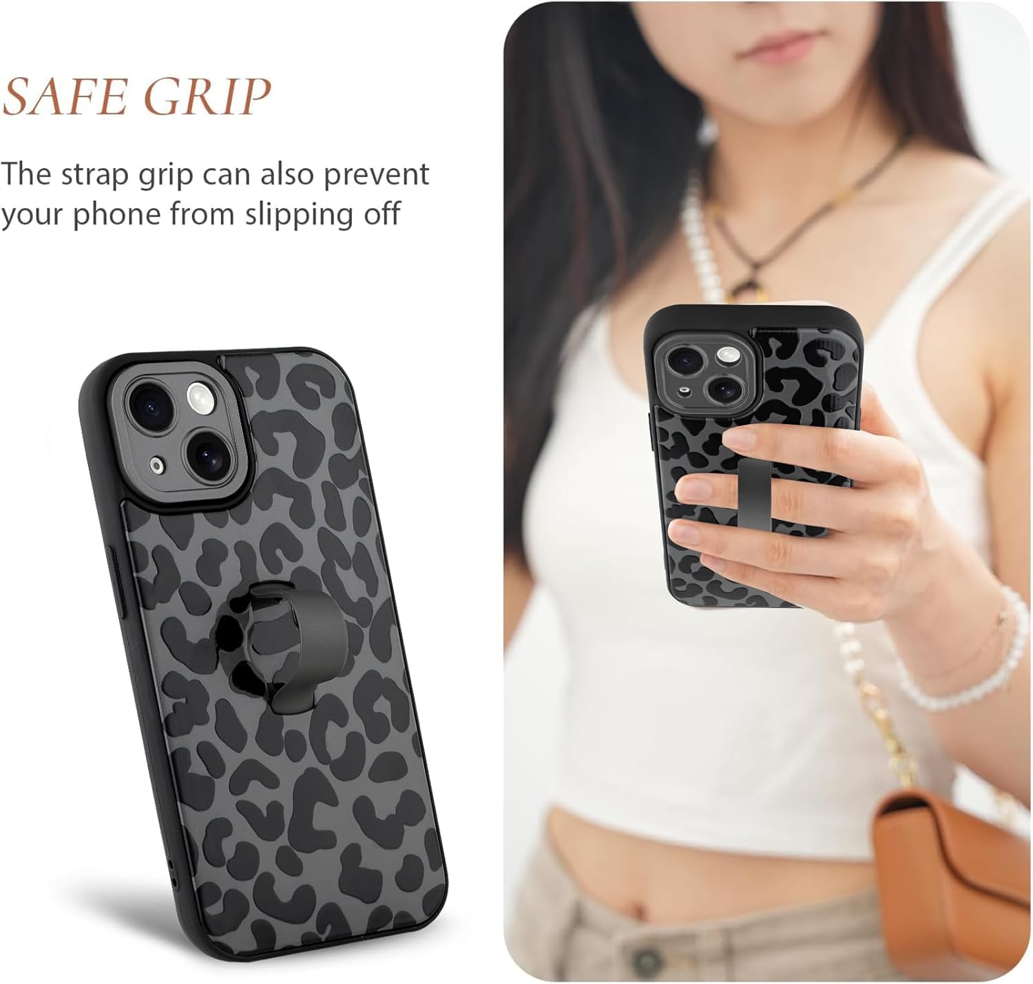 Compatible with iPhone 14 Case with Finger Hand Strap Kickstand, Trendy Cool Leopard Cheetah Print Phone Case for Women Men, Full Camera Protection Shockproof Protective Cover, Black - Image 3