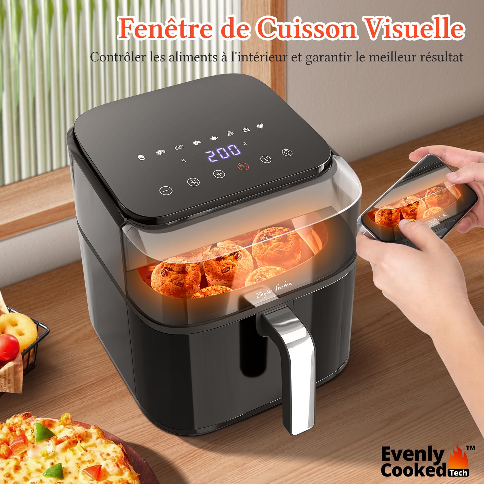 Taylor Swoden Friteuse sans Huile, 1800W, Air Fryer de 6,5 L avec Double Résistance, Multifonction 8-en-1 Rapide Écran tactile digital, visualisation Airfryer XXL, Noire
