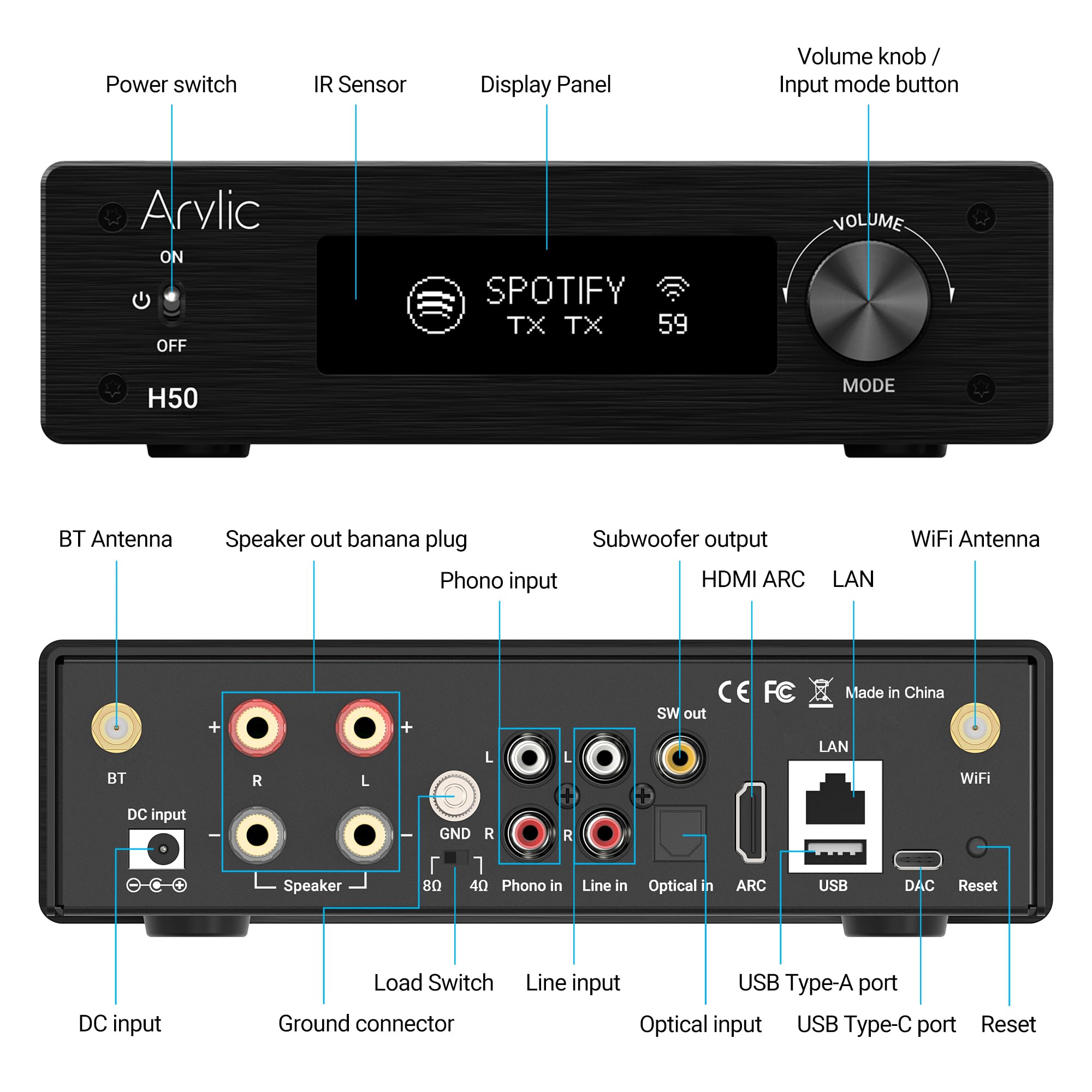 Arylic H50 Hi-Fi 50W*2 Amplificatore Audio WiFi con Bluetooth aptX HD, HDMI ARC, AirPlay 2 e Spotify Streaming per la musica domestica senza fili. Supporto per la trasmissione e la ricezione di musica