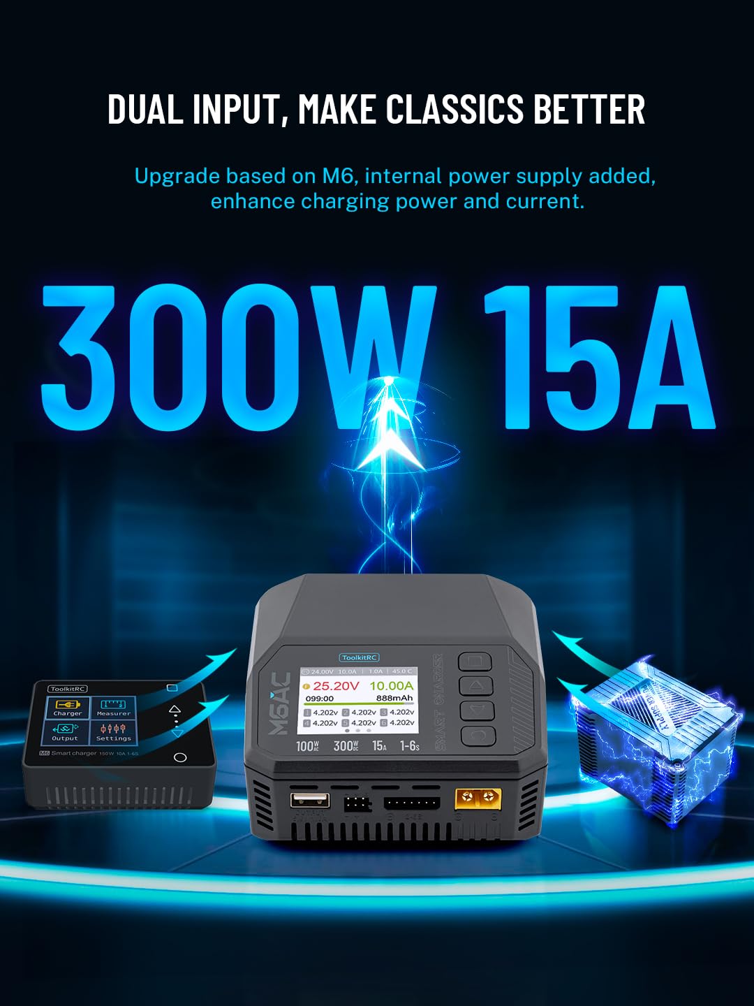 ToolkitRC M6AC wielofunkcyjna inteligentna ładowarka 150 W, obsługuje wejście AC/DC, odpowiednia do akumulatorów LiPo/LiHV/NiMH/ołowiowych z kolorowym wyświetlaczem 2,4", idealna