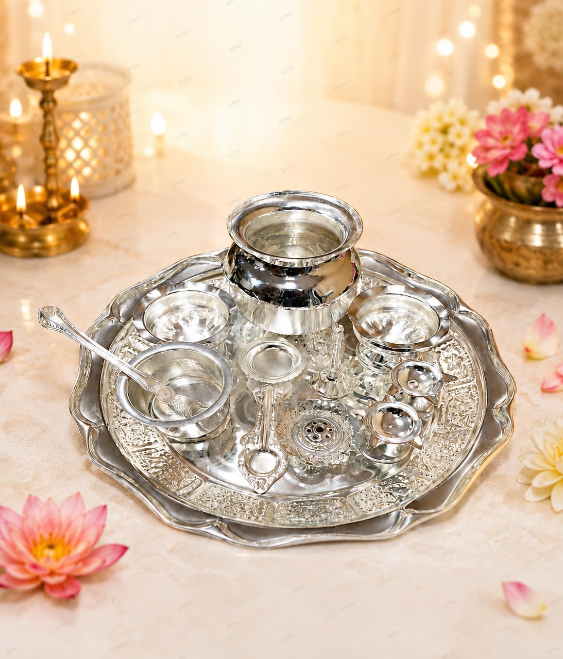 PE German Silver Pooja Thali Set | Complete Pooja Essentials with Thali Plate, Chembu, Panchapatra, Deepam, Bell & Agarbatti Stand | Home Temple & Festival Pooja Set(98006)-image-8