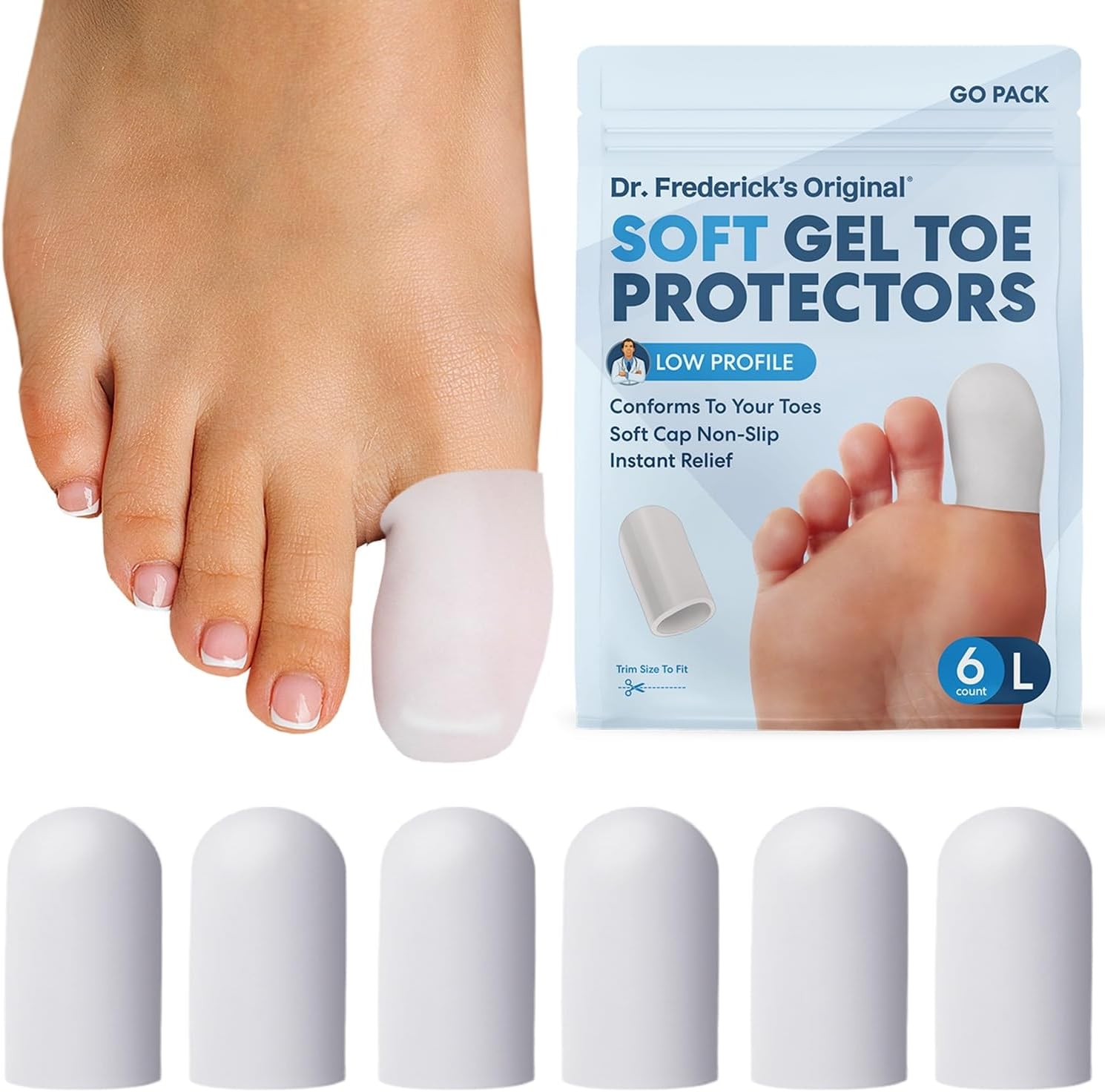 Soft Gel Toe Protectors for Men & Women - 6 ct - Toe Caps for Foot Pain Relief - Sleeves for Ingrown Toenails, Corns, Calluses, and Blisters - Large - White
