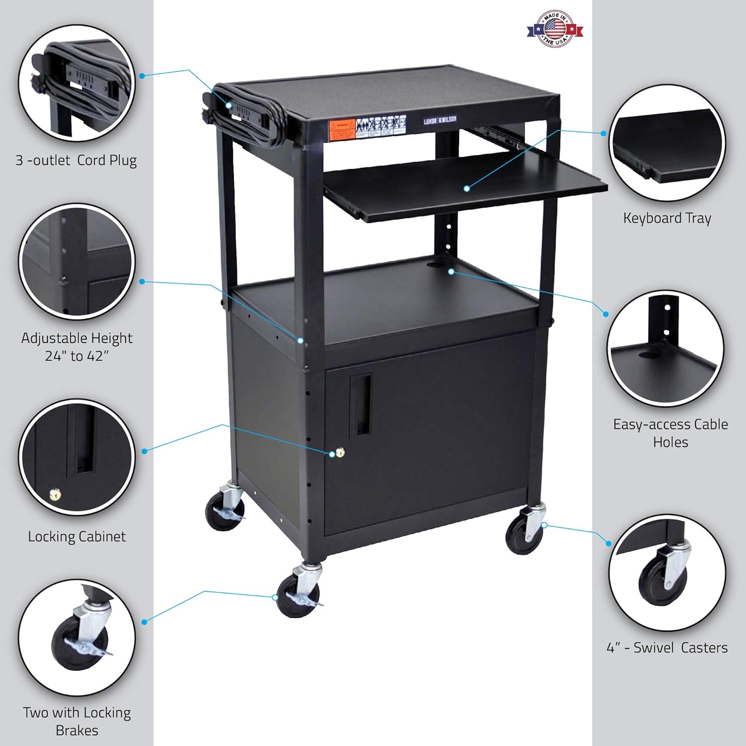 LUXOR AVJ42KBC Adjustable Steel A/V Cart - Cabinet with Pullout Trays : Computer And Machine Carts : Office Products