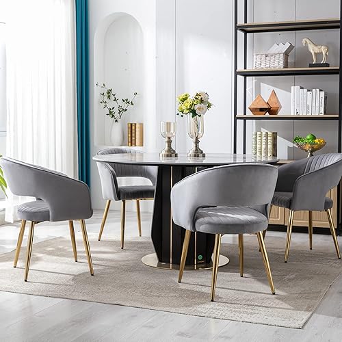 Miniatura 2 de Guyou Sillas de comedor modernas de terciopelo gris, sillas con reposabrazos tapizadas, respaldo hueco con cojín acolchado para sala de estar, silla