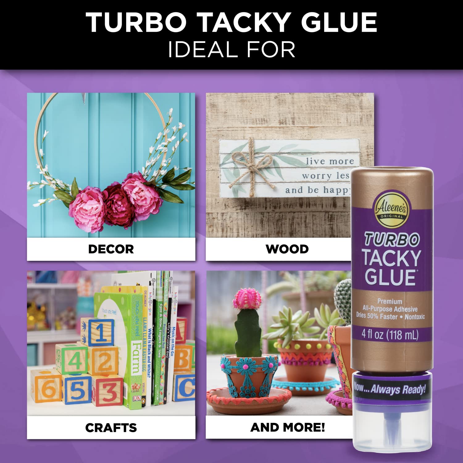 Aleene's Turbo Tacky Glue for Crafts in Always Ready Bottle, Strong Bond Adhesive, Nontoxic, Dries Clear, 4 fl oz