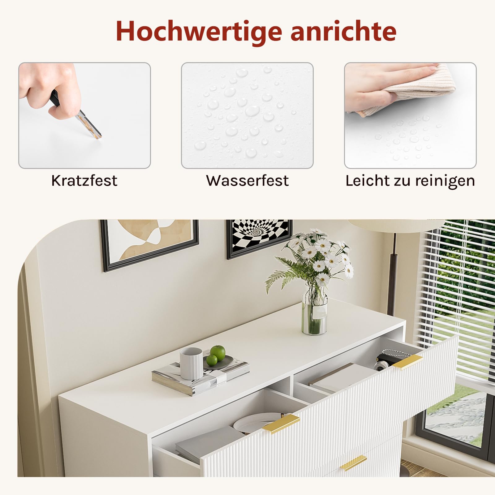 Elegancki kredens o nowoczesnym designie z szufladami, oferujący dużo miejsca do przechowywania.