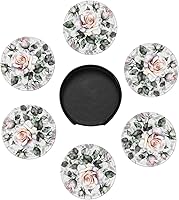 Vista 7 de White Watercolor Floral Rose Print 6 Pcs Round Coasters Leather Waterproof Drink Coasters Mugs Mat Pad with Holder for Living Room Kitchen Bar 3.9