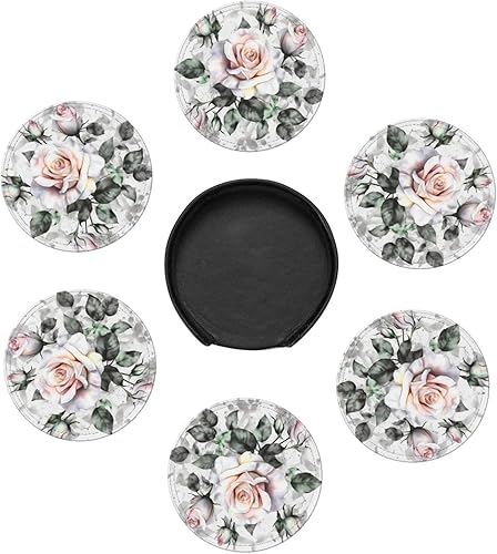 Miniatura 7 de White Watercolor Floral Rose Print 6 Pcs Round Coasters Leather Waterproof Drink Coasters Mugs Mat Pad with Holder for Living Room Kitchen Bar 3.9