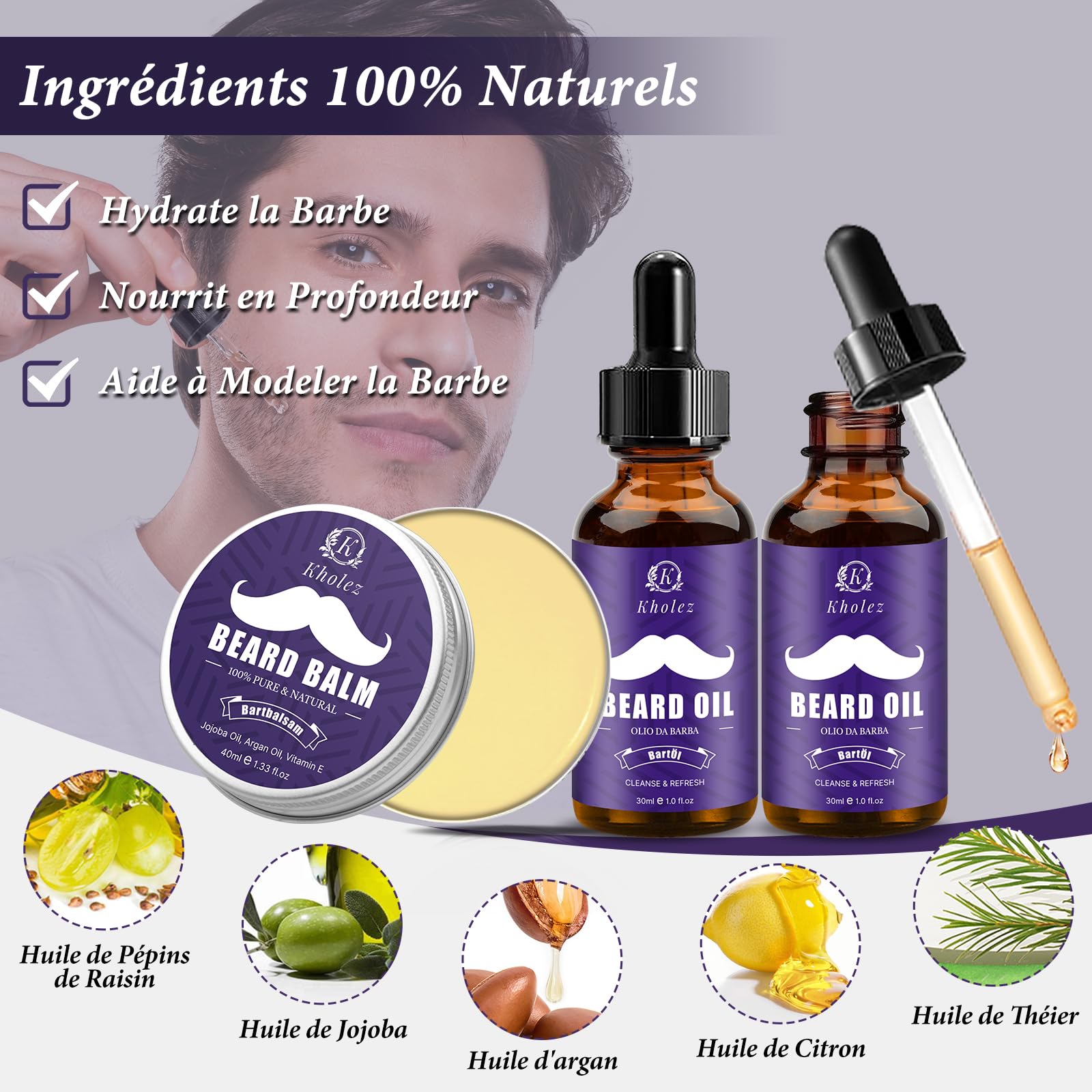KHOLEZ Coffret Barbe Homme 10 en 1 Complet Professionnel, Kit Soins Barbe Homme avec Huile, Shampoing, Crème Barbe, Cadeau Fête des Pères, Idee Cadeau Homme pour Papa, Papi, Mari, Frère, Ami