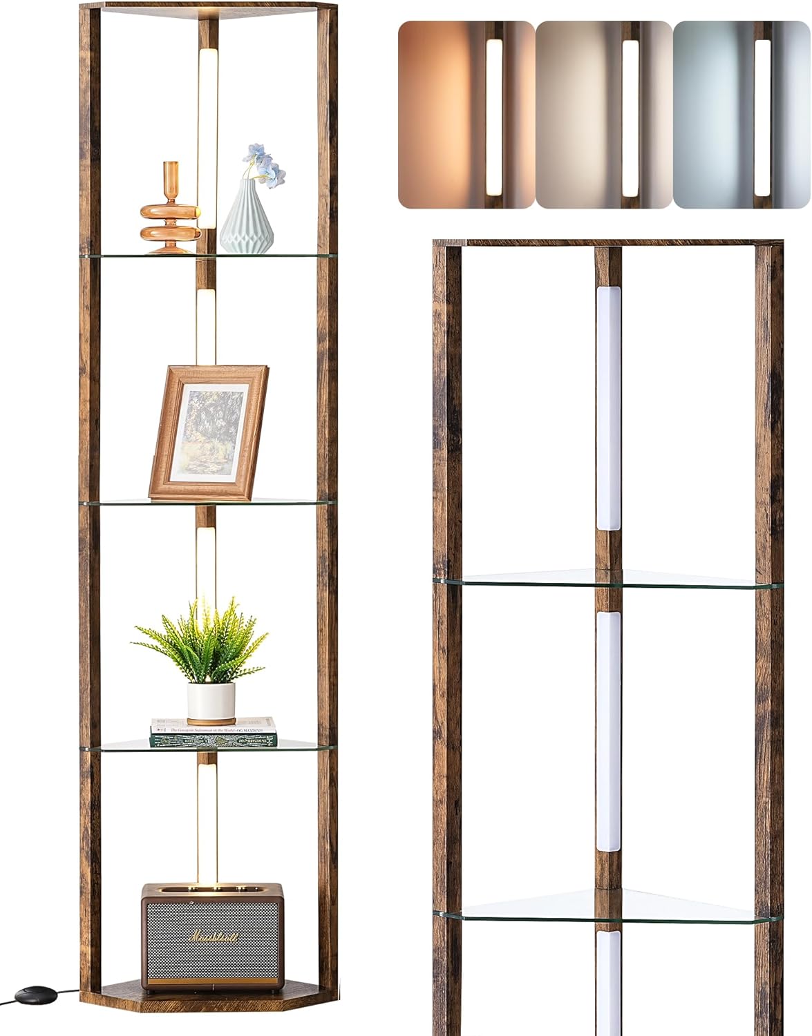 EDISHINE Corner Shelf with Light, 5-Tier Glass Display Shelf with Remote/Foot Control, 3CCT & Dimmable Corner Lamp, Open Display Cabinet, Standing Lamp for Living Room, Bedroom, Flamewood Color